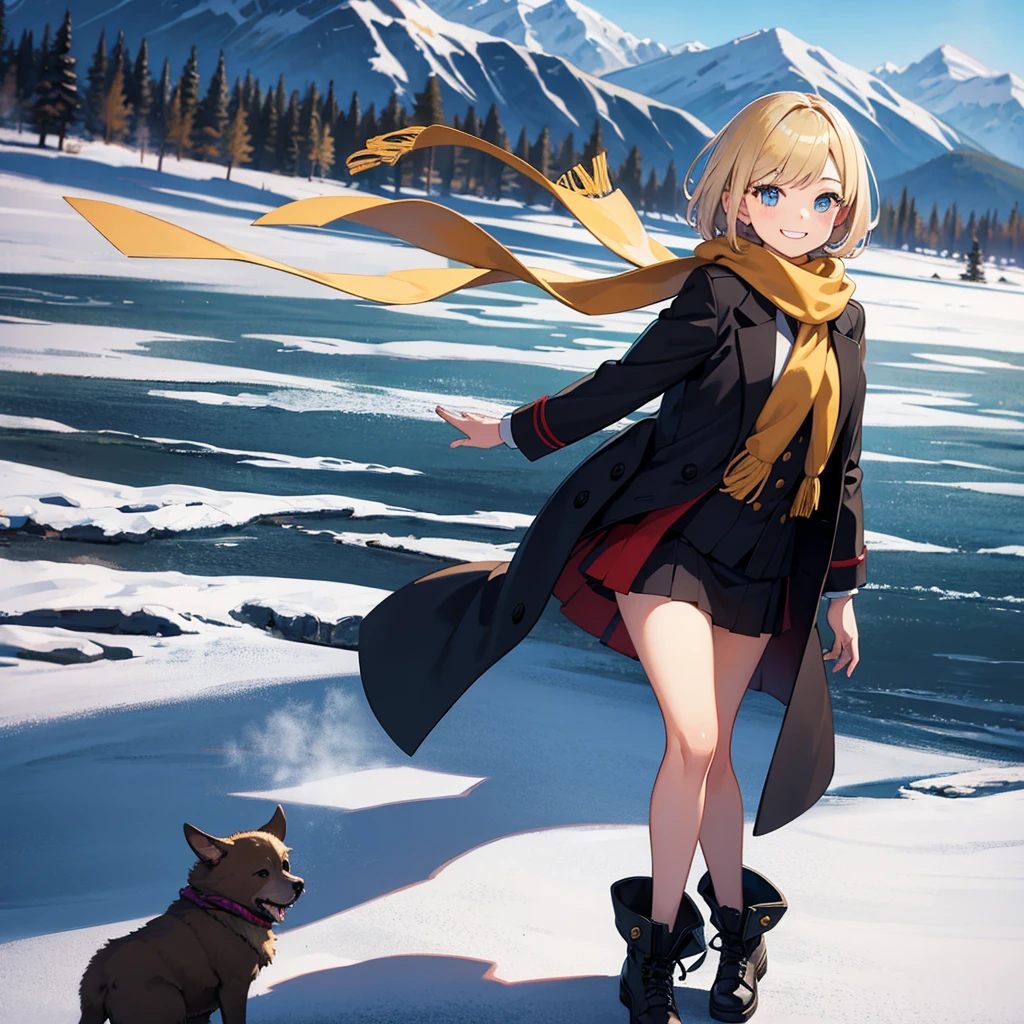 Masterpiece, solo, 1girl, smiling, scarf, coat, short skirt, short blonde hair, Banff Canada