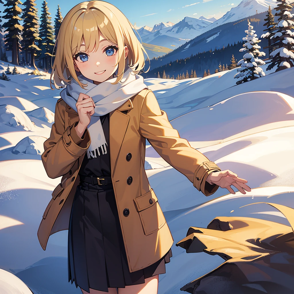 Masterpiece, solo, 1girl, smiling, scarf, coat, short skirt, short blonde hair, Banff Canada