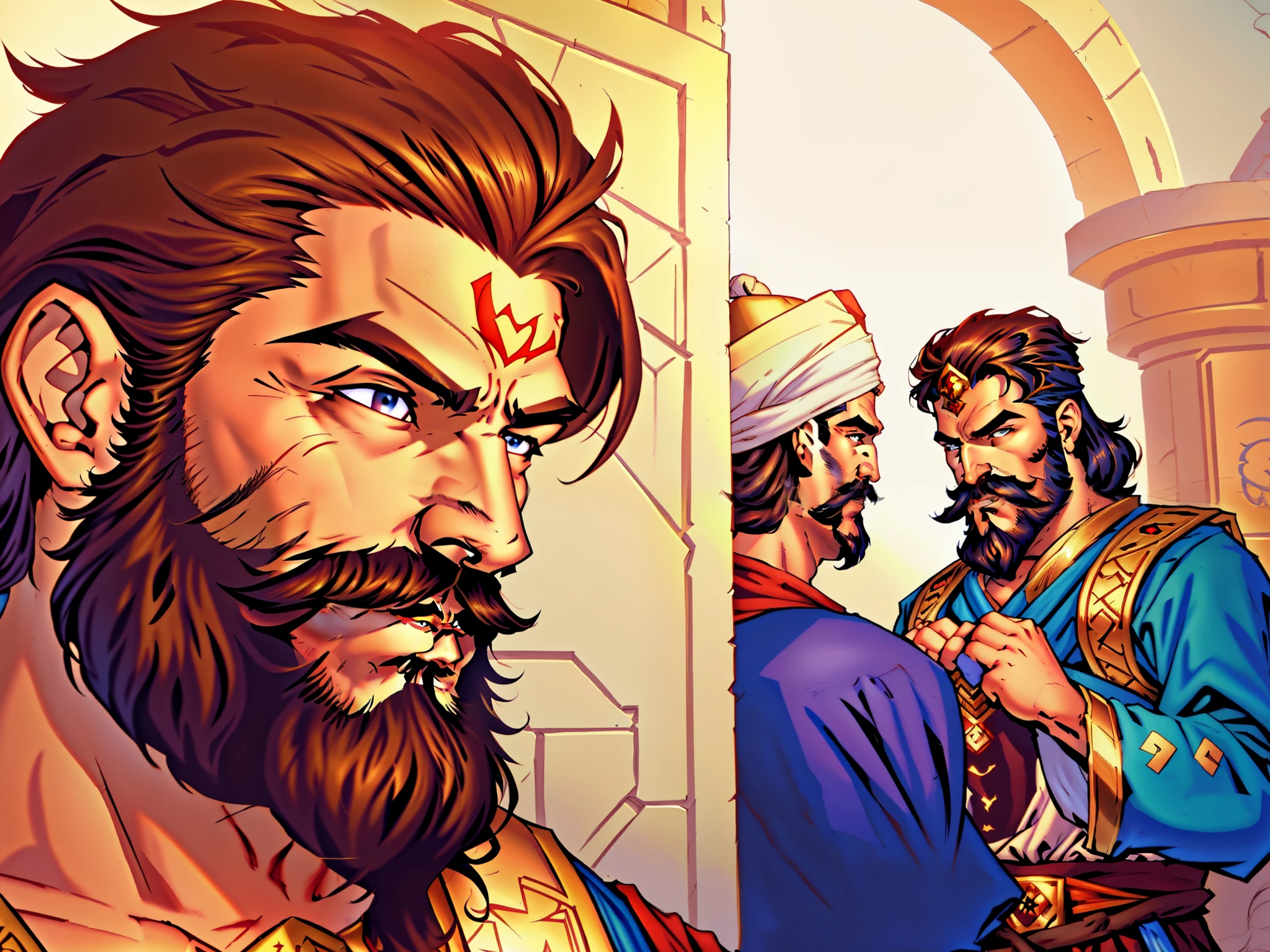 a cartoon of a man with a beard and a mustache, handsome prince of persia, genzoman, inspired by Altoon Sultan, mogul khan, game illustration, detailed game art, character art closeup, background art, persian folktale artstyle, ottoman sultan, age of empires, detailed game art illustration, video game cutscene, epic art style, cutscene