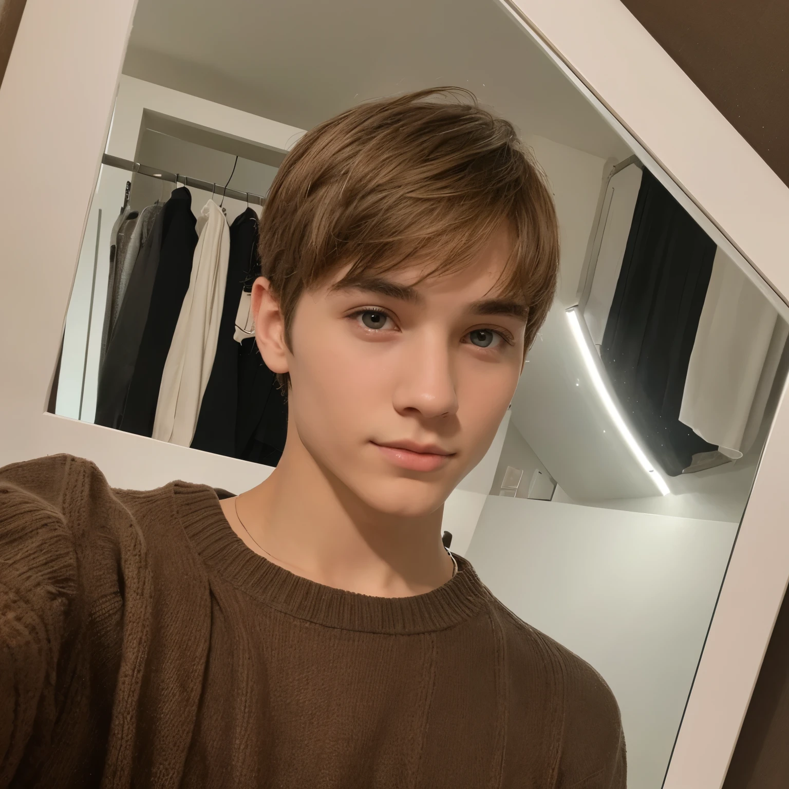 Attractive 16-year-old boy with perfect nose, taking a photo in the mirror with a black sweater, almond-shaped and almond-shaped eyes, white skin 