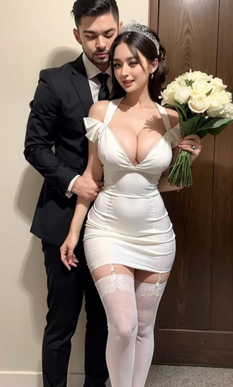 Araffe is wearing a white dress and stockings, holding a bouquet of flowers, a smooth white tight fitting suit, thick, full length and white stockings, white silky clothing, clear curve details, huge breasts, cleavage, mature women, wedding dress, sexy dress, wearing beautiful white, wearing white clothes, wearing wedding dress, maid dress, charming and charming, role-playing