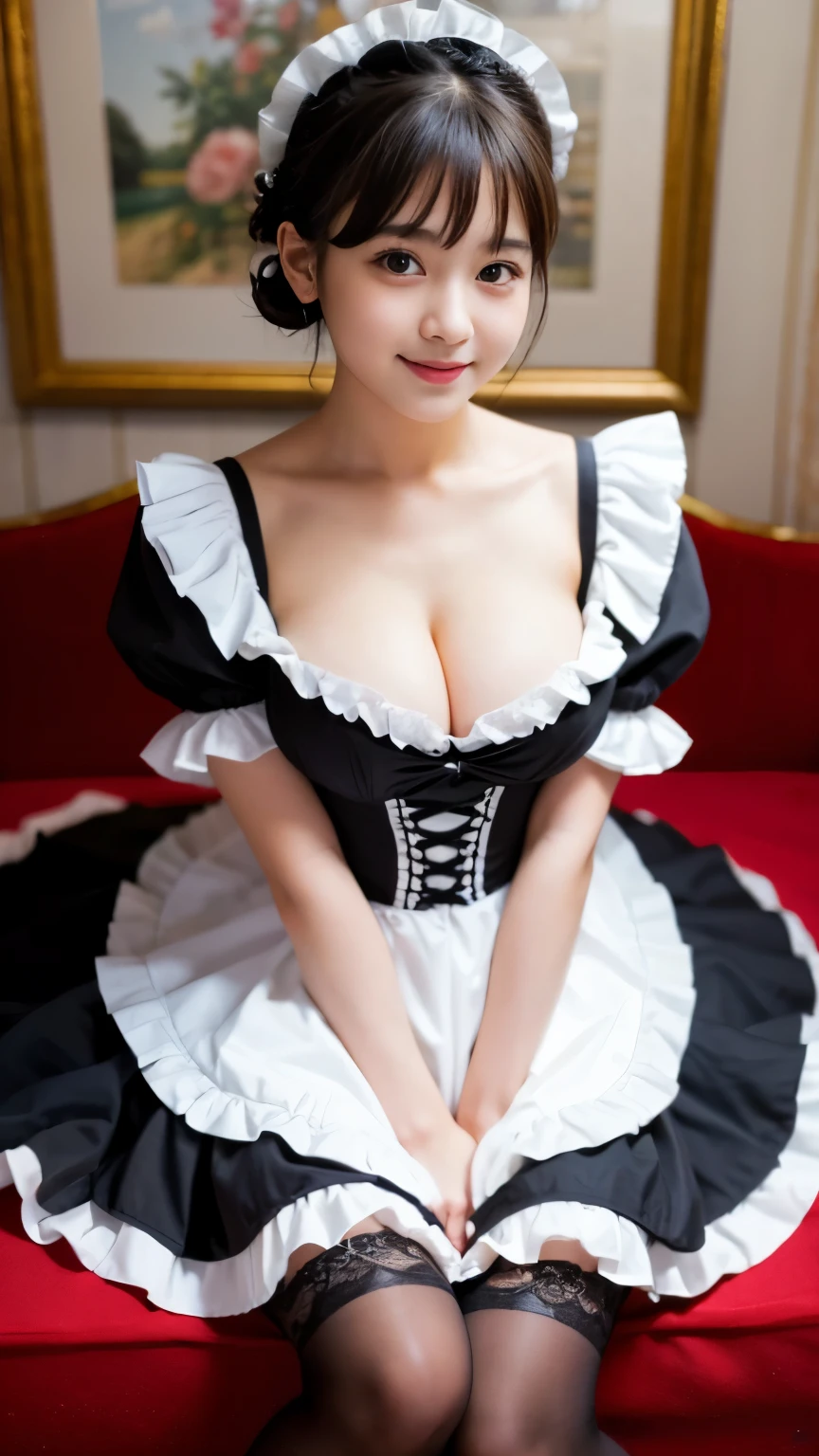 Best-quality, Masterpiece, Ultra-High-Resolution, (Photorealistic:1.4), Raw-Photo, 1girl, 16-years-old, the most famous Japanese idol, ((wearing only French-maid-costume with cute-design)), sitting on luxurious-bed, looking at viewer, innocent smile, extremely cute face like the most popular Japanese idol, ((extremely beautiful big-black-eyes)), extremely beautiful short-cut-haired, extremely beautiful lips, extremely beautiful long-eyelashes, extremely beautiful skins, extremely realistic skins, extremely beautiful abundant-cleavage, extremely beautiful thighs, ((detailed French-maid-costume-with-cute-design))