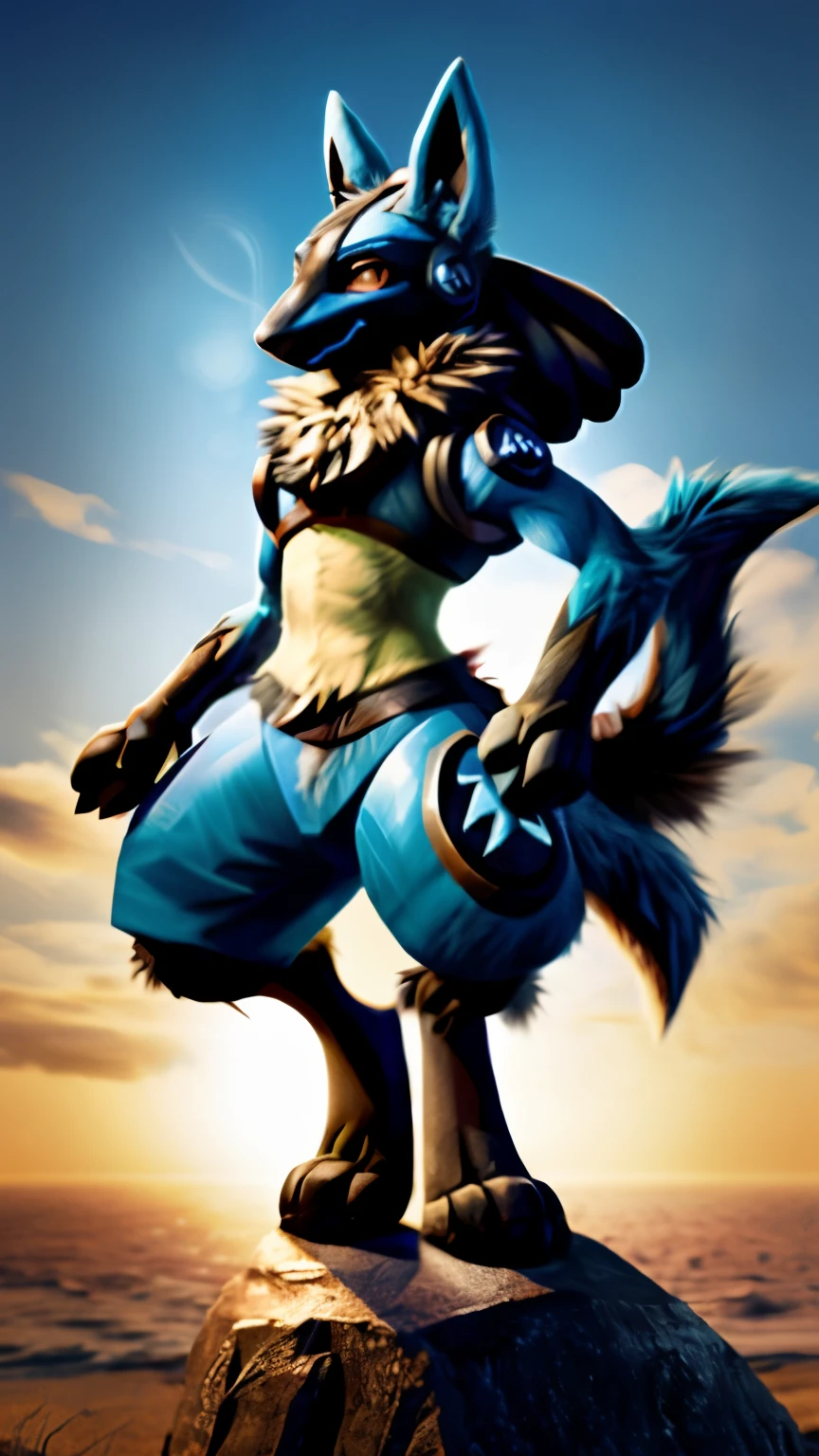best quality, masterpiece work, high quality, Lucario (Pokemon), Male Lucario, (((Lucario's Fur))), ((Lucario's appearance)), protogen, Lucario × Protogen, strike a pose