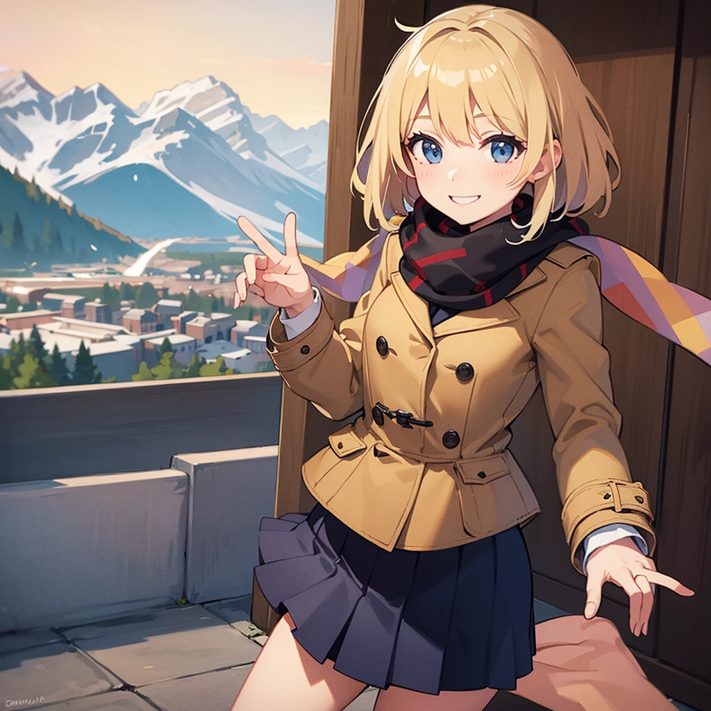 Masterpiece, solo, 1girl, smiling, scarf, coat, short skirt, short blonde hair, Banff Canada