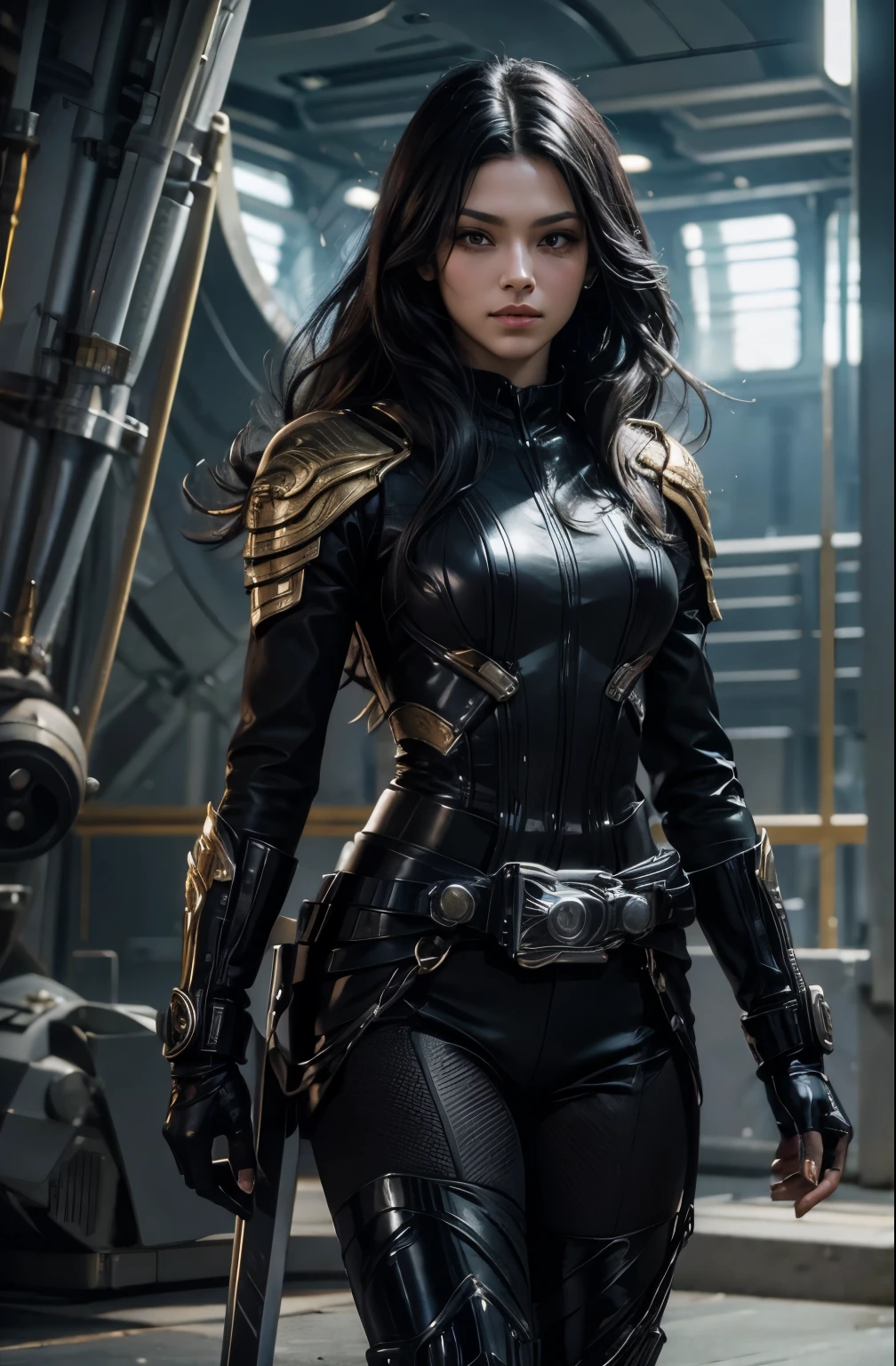 A beautiful woman. He has long black hair. She wears a metallic black battle uniform. There is something on his waist that is reminiscent of Kamen Rider's transformation belt. She holds a sword in both hands. She's inside a spaceship. Twenty years old.