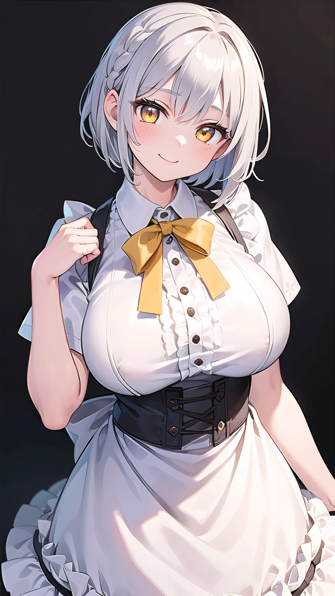 1 girl, game cg, brown short frilled dress, small apron, ((gigantic breasts)), silver hair, short hair, french braid, yellow eyes, smile, white background, head tilt,