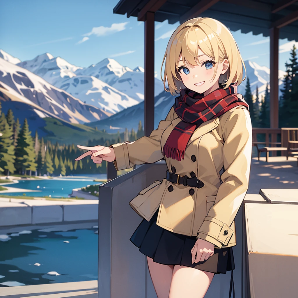 Masterpiece, solo, 1girl, smiling, scarf, coat, short skirt, short blonde hair, Banff Canada