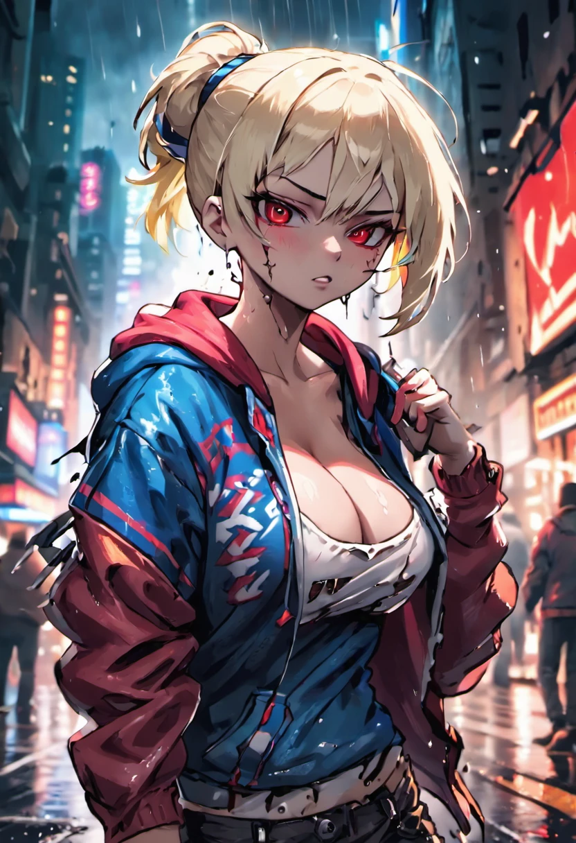 、close up photo, Confident young cyberpunk woman with blonde and white hair in a bun, Wearing a hoodie with red and blue design, In the rainy city at night, realistic, cinematic lighting、(torn clothes:1.6)、huge breasts、nipple、