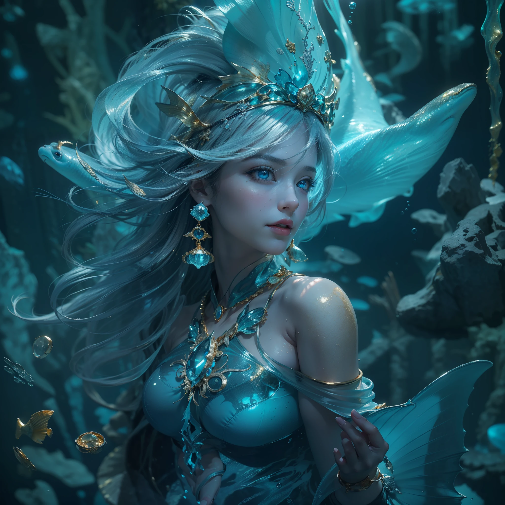 (award-winning masterpiece galore, incredibly detailed, textures and maximum detail), (full body view:1.6), (hyper realistic:1.4), (realistic:1.3), (upper body close-up:0.4), (many gold and silver treasures are sunken: 1.8), (top quality realistic textured skin ), (((underwater))), (deep sea:1.5), (dark sea at night:1.6)), (detailed true circle symmetrical eye-catching exquisite face, ((medieval world)), (full body view:1.6)), ((mermaid)), ((mermaid princesermaid nobility)), (eyes burning bright and icy), (( She has a mischievous smile on her face), (sunken ship with treasures :1.4), A temple sunken in a coral reef, ancient sunken city, sunken temple, sunken cathedral, sunken temple ruins, sunken detached temple, sunken ruins of an ancient castle, shining magnificent water and light, coral reef, (blue eyes shining in the dark :1.5), (pair of ice blue eyes with intense blue light from within:1.5), (bioluminescence:1.5), (full body view:1.6), (swirling water and currents in background), (dramatic light), (magnificent scene), (her expression gentle and beautiful), glass earrings in ears, (dramatic photograph:1.4), (( dramatic pose)), (gorgeous photograph), (beautiful hair), (full-length view:1.6), ((looking up)), ((looking down)), (elaborately crafted necklace around her neck), (bright sparkling bioluminescence:1.3), (flashy hydro magic used:1. 2), (beautiful fish around), (glowing magic circle:1.5), (full body view:1.6), epic realistic, faded, art, (Greg Rutkowski:0.8), (teal and orange:0.4), (art station:1.5), cinematic, ((neutral colors)), (HDR:1.5), ( Subdued colors:1.2), Highly detailed, Dramatic light, (Complex details:1.1), Complex background, (