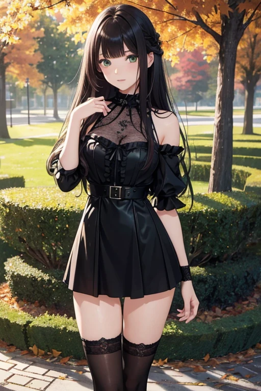 masterpiece++, best quality++, ultra-detailed+, extremely detailed++, 4K, 8K+, best quality, beautiful+, anime style,1person,full body image,autumn,park,black simple lacefrill slipdress,tight leather belt,beautiful straight bronde hair,beautiful green eyes, beautiful eyes++,long straight hair