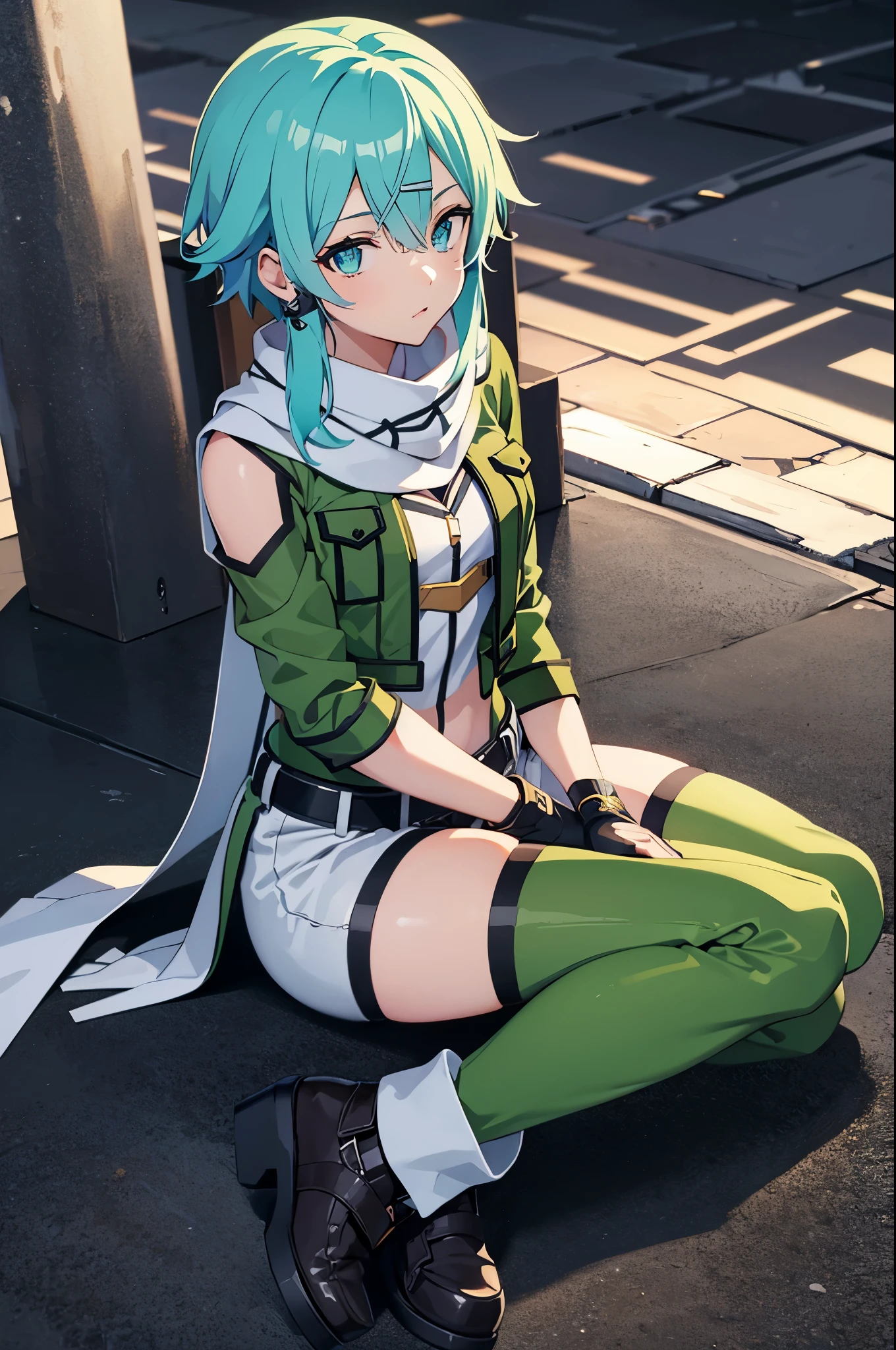 (masterpiece), best quality, expressive eyes, perfect face, highres, sinon1, scarf, fingerless gloves, long sleeves, short shorts, hair ornament, hairclip, green thighhighs, green jacket, thigh strap, field, ruins background, ruined structures, sitting, on floor, knees up, portrait, looking at the viewer,