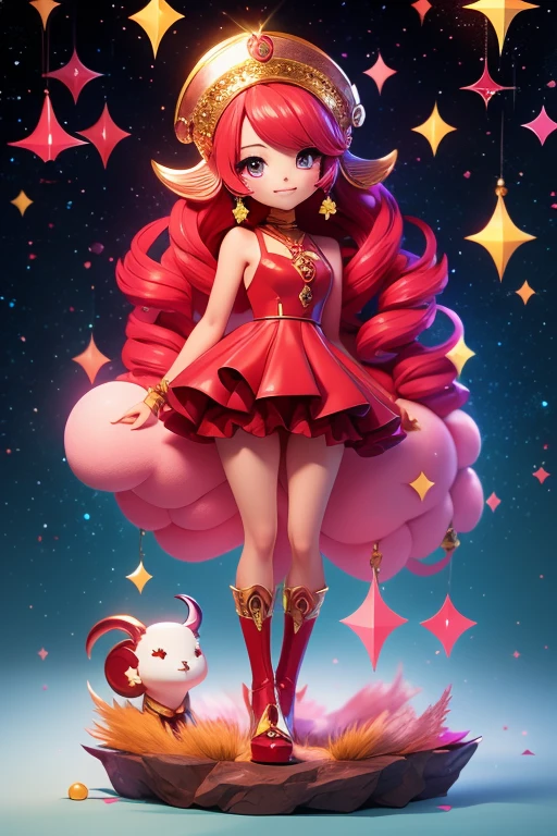 anime style; 3d; glitter; horoscope sign Aries goddess; color red; Ram details; ♈ symbol; garnet stone;