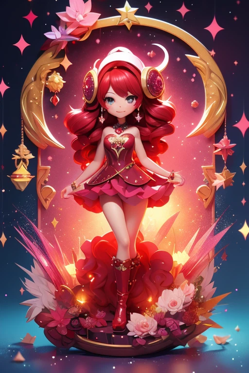 anime style; 3d; glitter; horoscope sign Aries goddess; color red; Ram details; ♈ symbol; garnet stone;