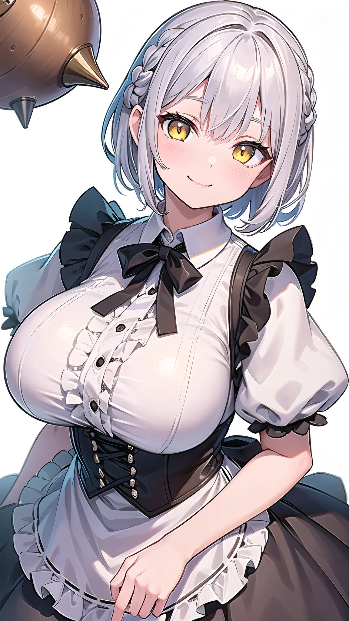 1 girl, game cg, brown short frilled dress, small apron, ((gigantic breasts)), silver hair, short hair, french braid, yellow eyes, smile, white background, head tilt,