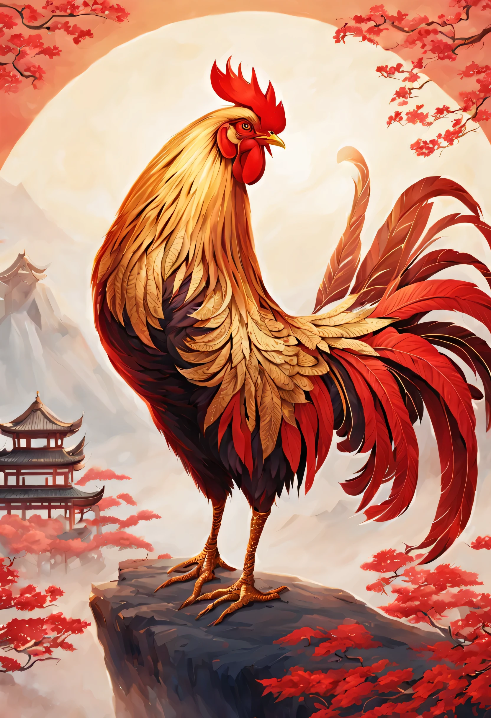 The rooster looks small against the sky, Japanese traditional concept art,Chinese mythology,(Anthropomorphic rooster),ruby comb,Red-blond hair,Beautiful wings,huge golden feather tail