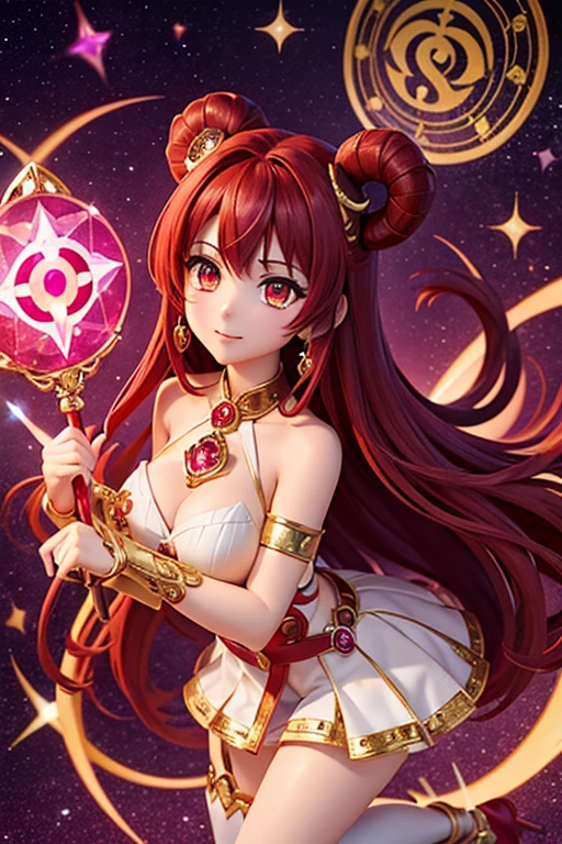 anime style; 3d; glitter; horoscope sign Aries goddess; color red; Ram details; ♈ symbol; RPG; mystical; garnet stone;