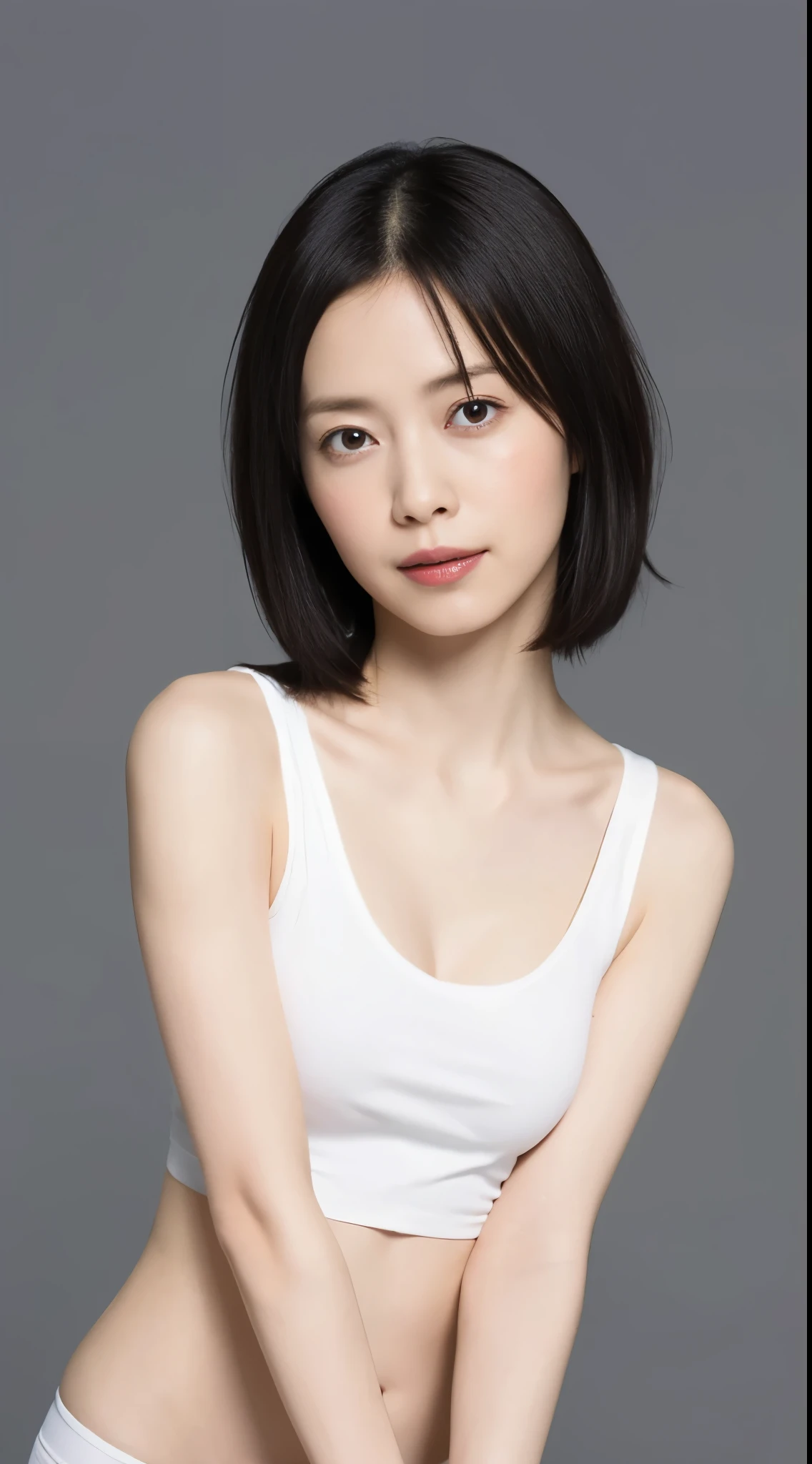 Japanese, Women of short stature, petite physique, Medium build, medium height, slightly plump, Short arms, single eyelid, long slit eyes, Ephemeral atmosphere, 30-year-old girl, black bob hair, ((thin lips)), white top and bottom underwear, muste piece, best quality, detailed skin, detailed eyes, ,8K, good anatomy, upper body portrait