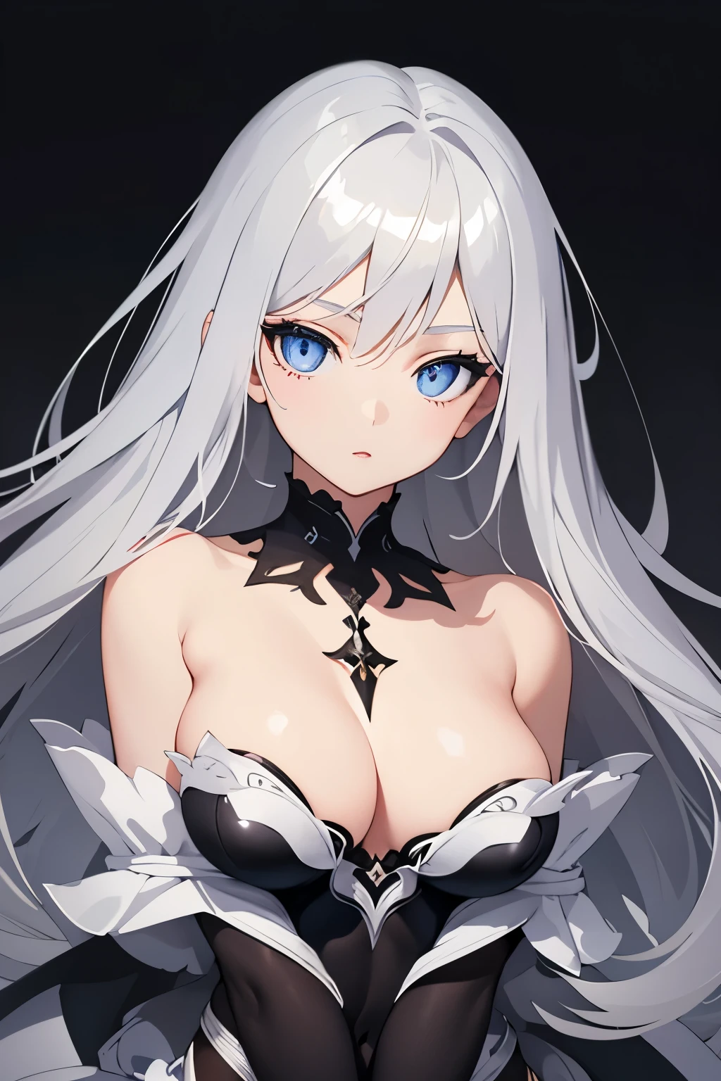 1girl, anime, cute girl, blank background, white background, fantasy, detailed dark fantasy dress with highlights, beautiful face, beautiful eyes, dark colors, silver hair, slightly small breasts, slight cleavage, beautiful skin, cute, breast curtains, extremely delicate and beautiful, (beautiful detailed face:1.0), (detailed deep eyes), symmetrical breasts, deep eyes, shiny skin, portrait, slender waist, hips wider than shoulders, thighs, young girl, expressionless, luminous eyes