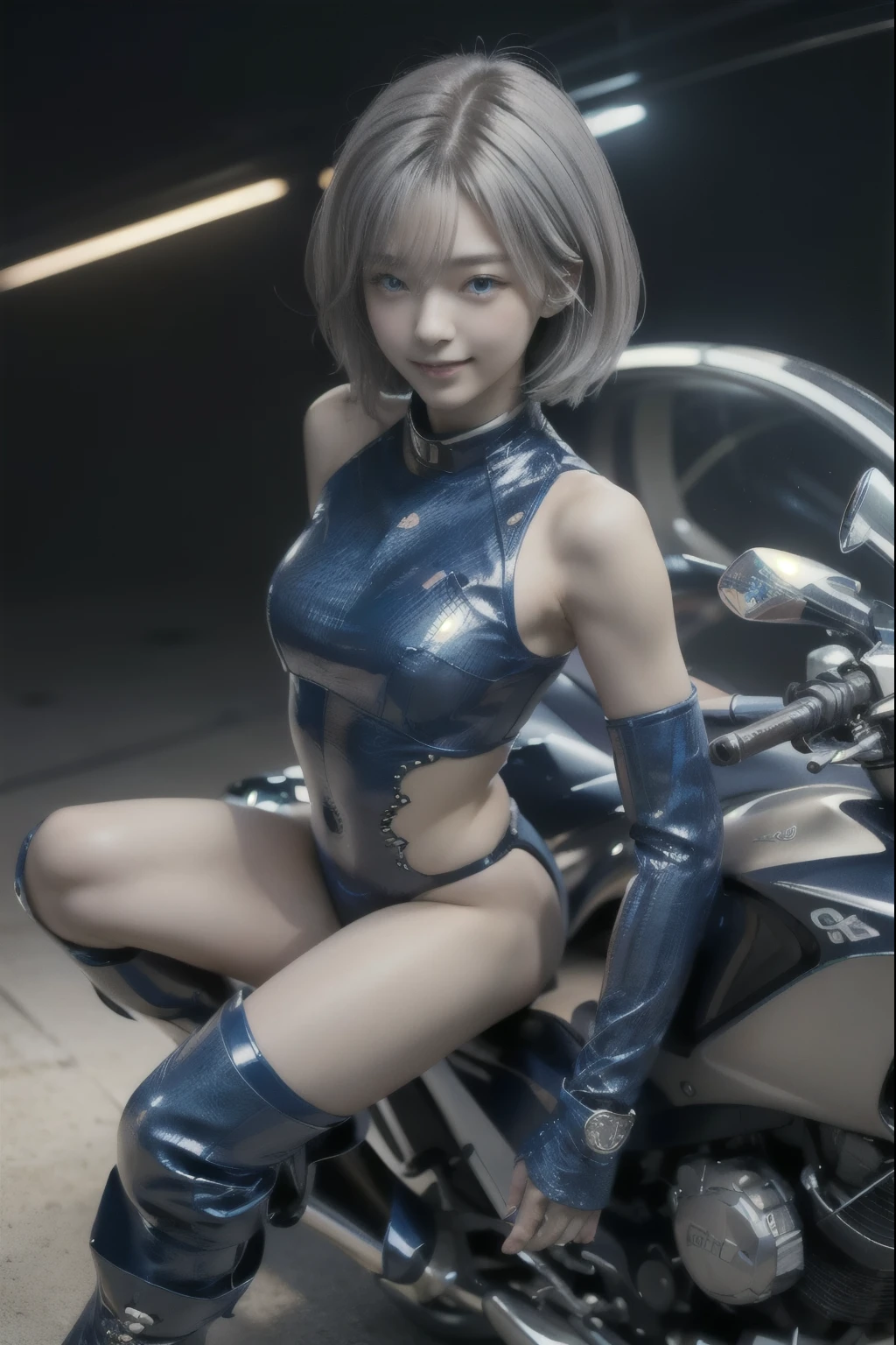 ((Perfectly beautiful woman))、(Detailed aircraft body)、(((human face and neck, machine body)))、smile、(((You can see my whole body wearing boots)))、Silver-haired shorthair、blue glowing eyes、Leather Suit、Motorcycle Women
