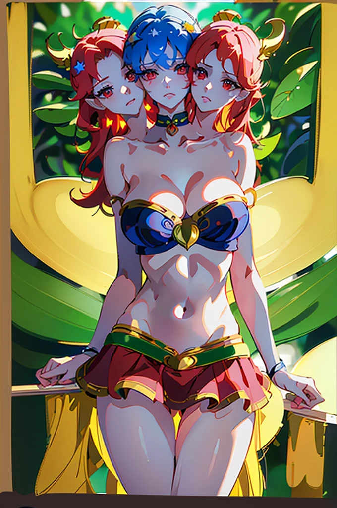 (masterpiece, best quality),best quality, best resolution, (ultra-detailed), (3heads:1.5), 1girl, (hecatia lapislazuli:1.3), masterpiece, best quality, black top, crop top, ((stomach)), midriff, ((groin)), plaid skirt, miniskirt, multicolored skirt, normal ears, shackles, red hair, very long hair, wavy hair, sidelocks, red eyes, parted lips, single horn, sweat, cute, toned belly, hand on own chest, eyelashes, (24 year old woman:1.3), (masterpiece:1.4), (best quality:1.4), (beautiful detailed extremely detailed CG, extremely delicate and beautiful, depth of field, (finely detailed face), (perfect details:1.1), (mature female:1.3), wide pelvis, slender, large veiny breast, 8k resolution, high quality, high definition, extremely detailed, masterpiece, best quality, red hair, long hair, alluring presence, twin braid, short skirt, close up, big tits, young, striped, earth (ornament), moon (ornament),