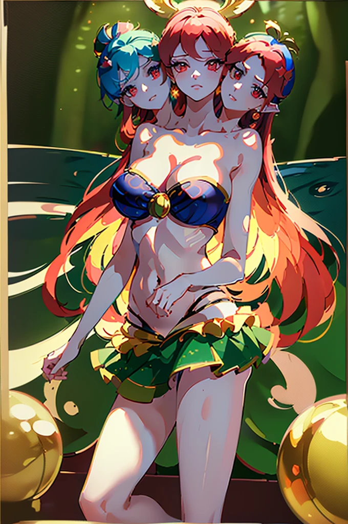 (masterpiece, best quality),best quality, best resolution, (ultra-detailed), (3heads:1.5), 1girl, (hecatia lapislazuli:1.3), masterpiece, best quality, black top, crop top, ((stomach)), midriff, ((groin)), plaid skirt, miniskirt, multicolored skirt, normal ears, shackles, red hair, very long hair, wavy hair, sidelocks, red eyes, parted lips, single horn, sweat, cute, toned belly, hand on own chest, eyelashes, (24 year old woman:1.3), (masterpiece:1.4), (best quality:1.4), (beautiful detailed extremely detailed CG, extremely delicate and beautiful, depth of field, (finely detailed face), (perfect details:1.1), (mature female:1.3), wide pelvis, slender, large veiny breast, 8k resolution, high quality, high definition, extremely detailed, masterpiece, best quality, red hair, long hair, alluring presence, twin braid, short skirt, close up, big tits, young, striped, earth (ornament), moon (ornament),