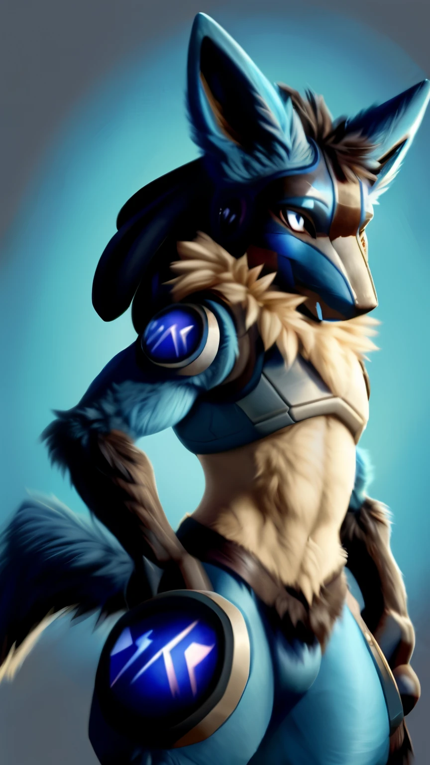 best quality, masterpiece work, high quality, Lucario (Pokemon), Male Lucario, (((Lucario's Fur))), ((Lucario's appearance)), protogen, Lucario × Protogen, strike a pose