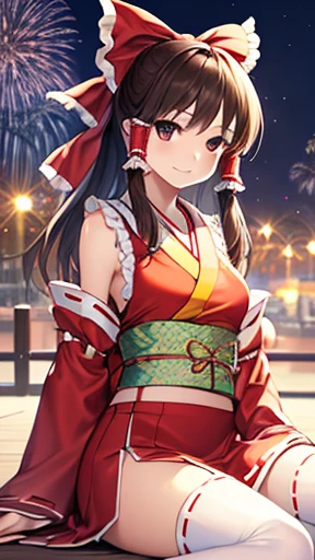 Detailed and realistic CG, colorful, masterpiece, highest quality, jewel-like eyes, 1 girl, alone, pretty girl, reimu,,Furisode,kimono,happy smile,Clothes,reimu's ribbon,gleaming skin,new year,knee high socks