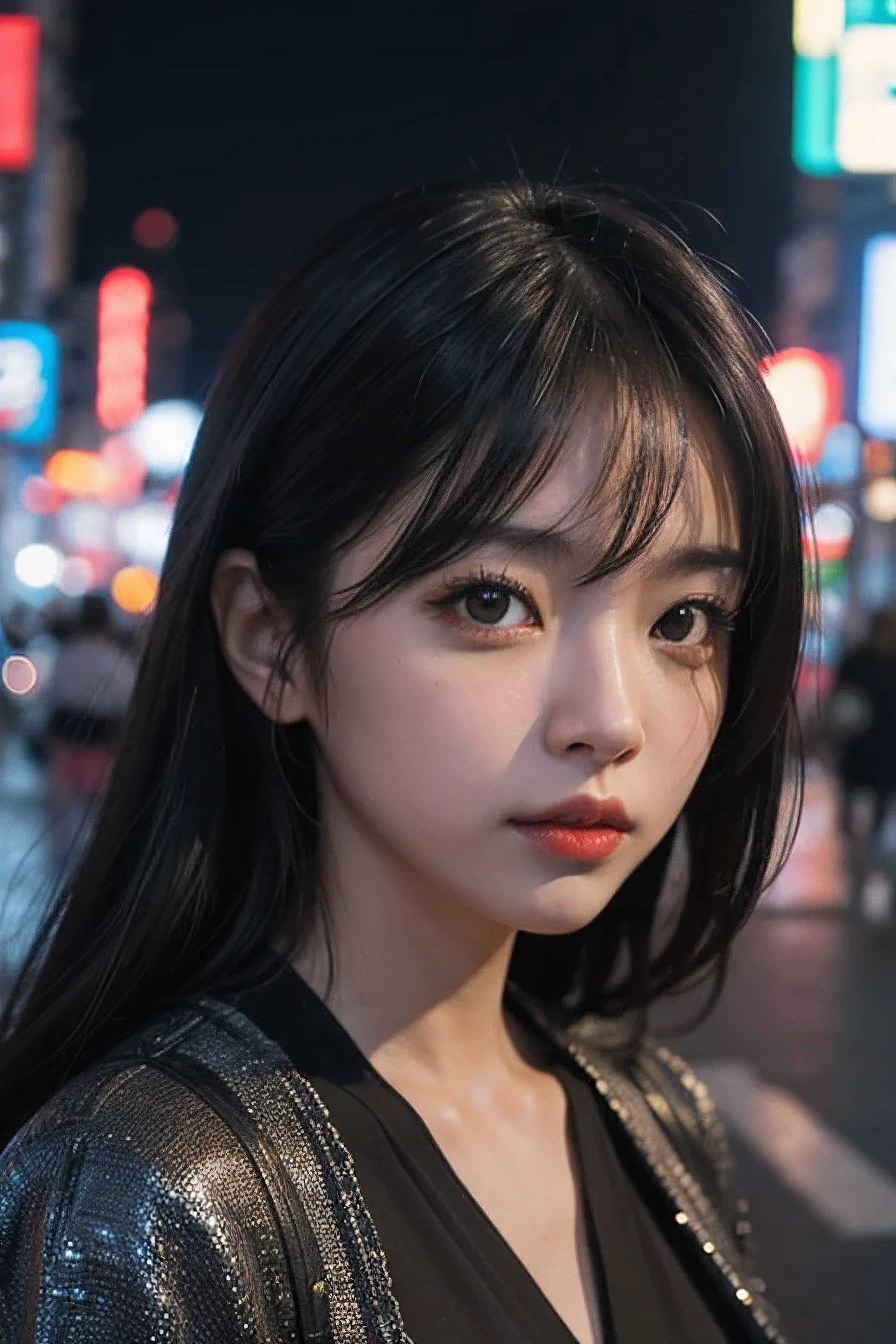 1girl, Tokyo street,night, cityscape,city lights, upper body,close-up, 8k, RAW photo, best quality, masterpiece,realistic, photo-realistic,