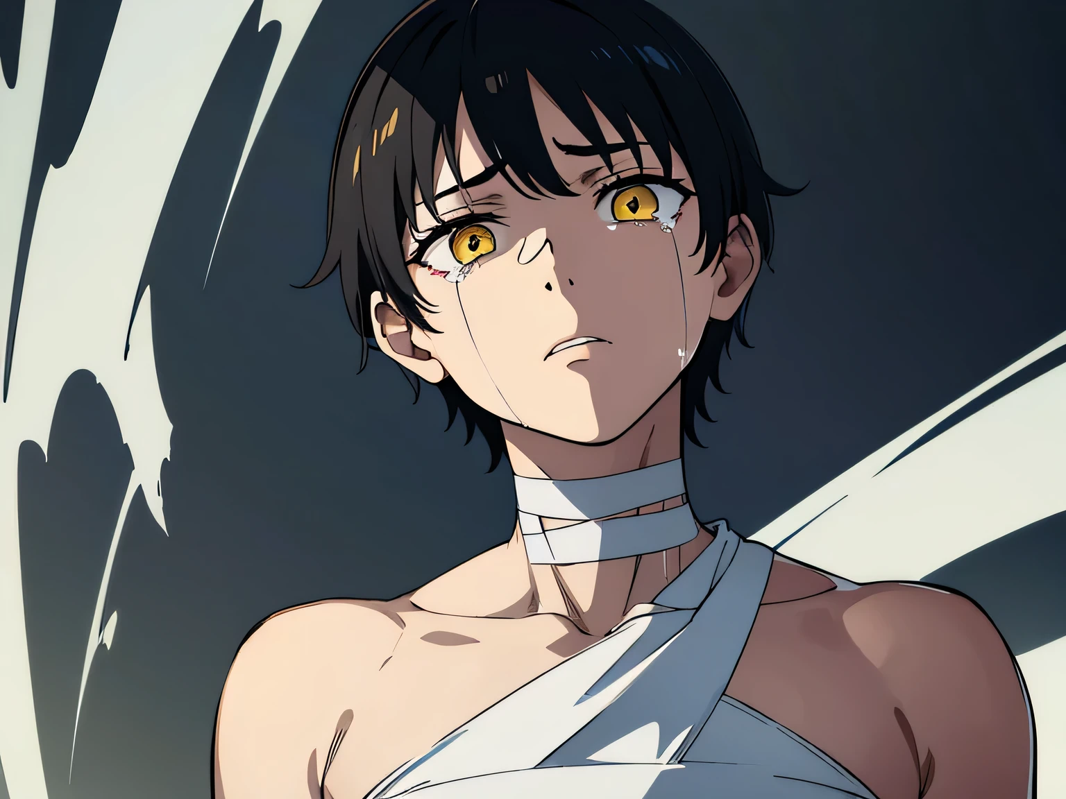 image of a boy with bandages on his face, yellow eyes, black hair, smooth hair, short hair, crying, half body illustration, sad expression, loser, weakling
