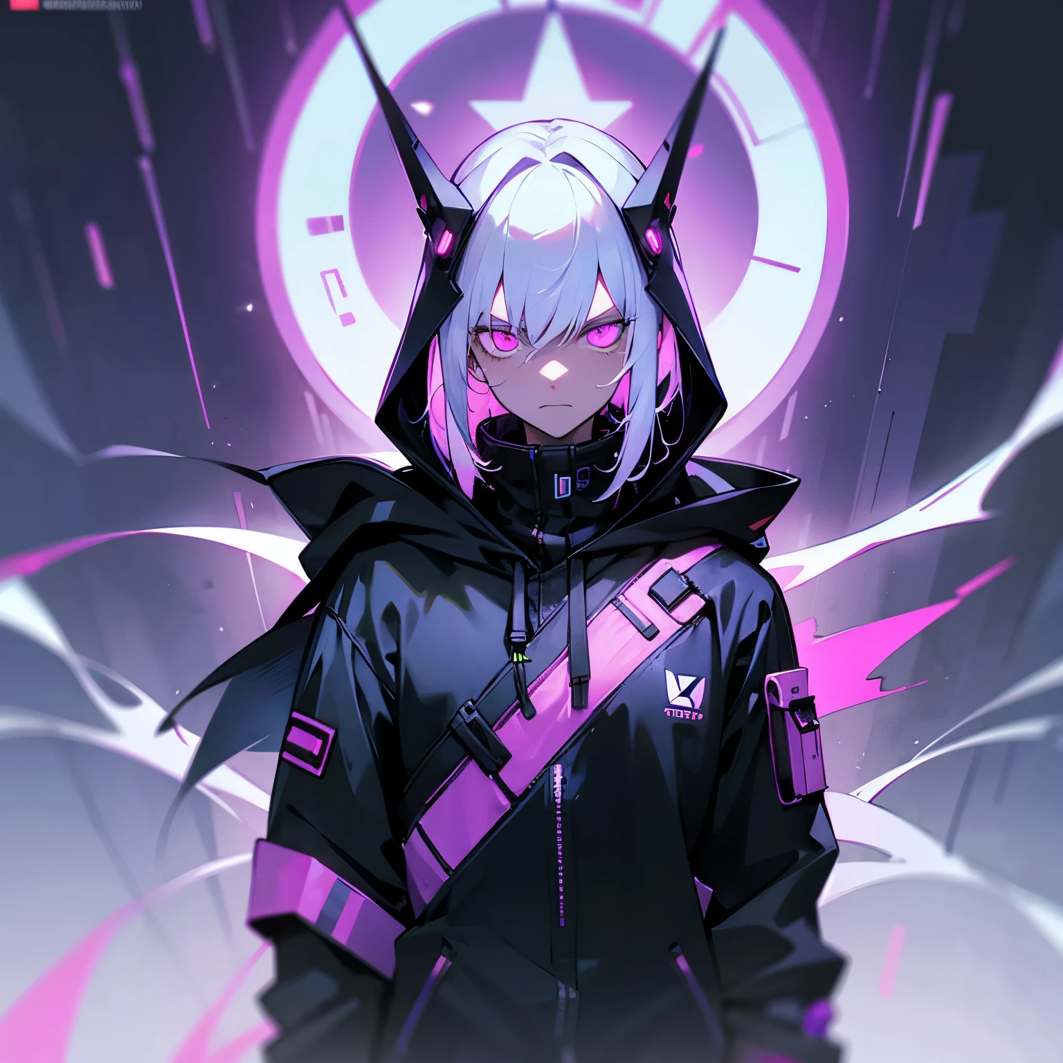 Man wearing a futuristic neon cyberpunk hoodie, white hair , purple glowing eyes,  stoic face
