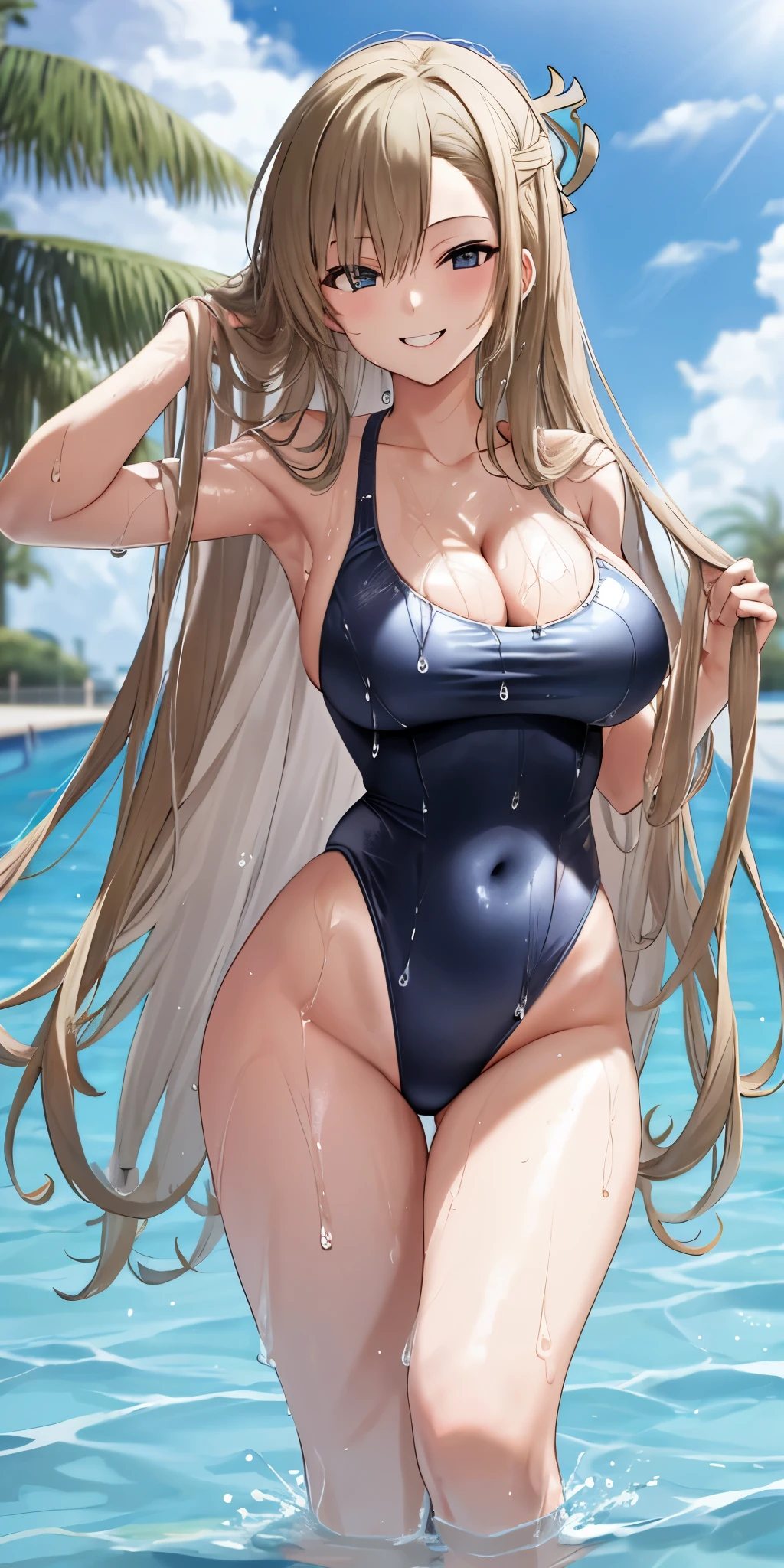 1girl, solo, asuna, long hair, large breasts, cleavage, thighs, (one piece swimsuit), erotic pose, smiling, detailed hands, swimming pool, (soaking wet:1.2)