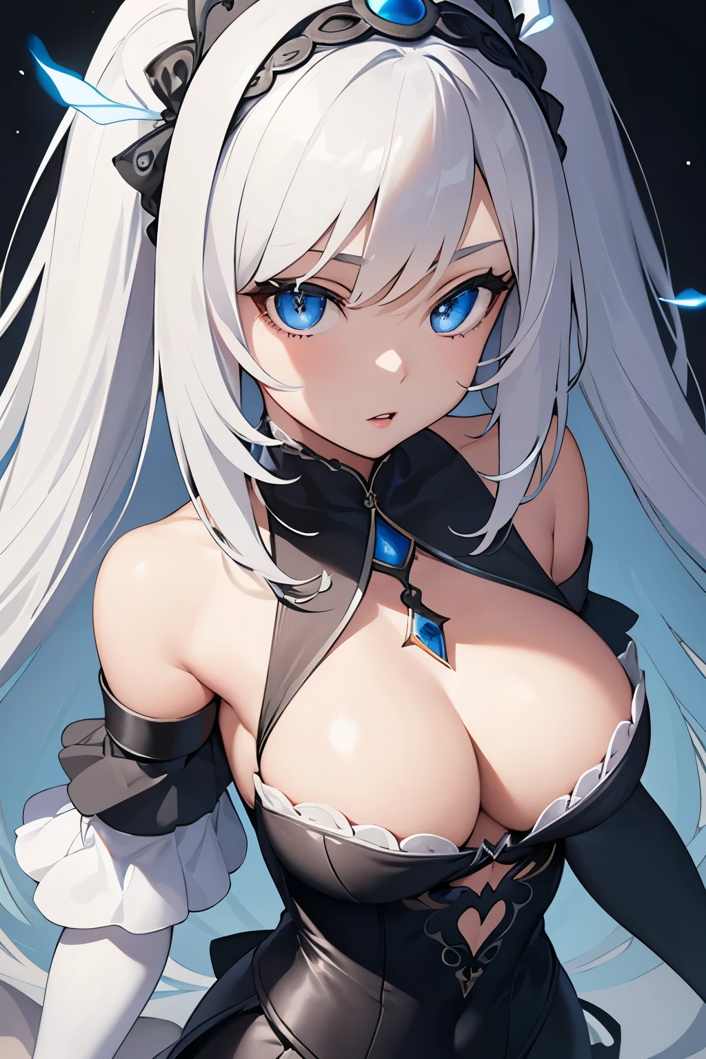 1girl, anime, cute girl, blank background, white background, fantasy, detailed dark fantasy dress with highlights, beautiful face, beautiful eyes, dark colors, silver hair, slightly small ???????, slight cleavage, beautiful skin, cute, ?????? curtains, extremely delicate and beautiful, (beautiful detailed face:1.0), (detailed deep eyes), symmetrical ???????, deep eyes, shiny skin, portrait, slender waist, ???? wider than shoulders, thighs, young girl, expressionless, luminous eyes