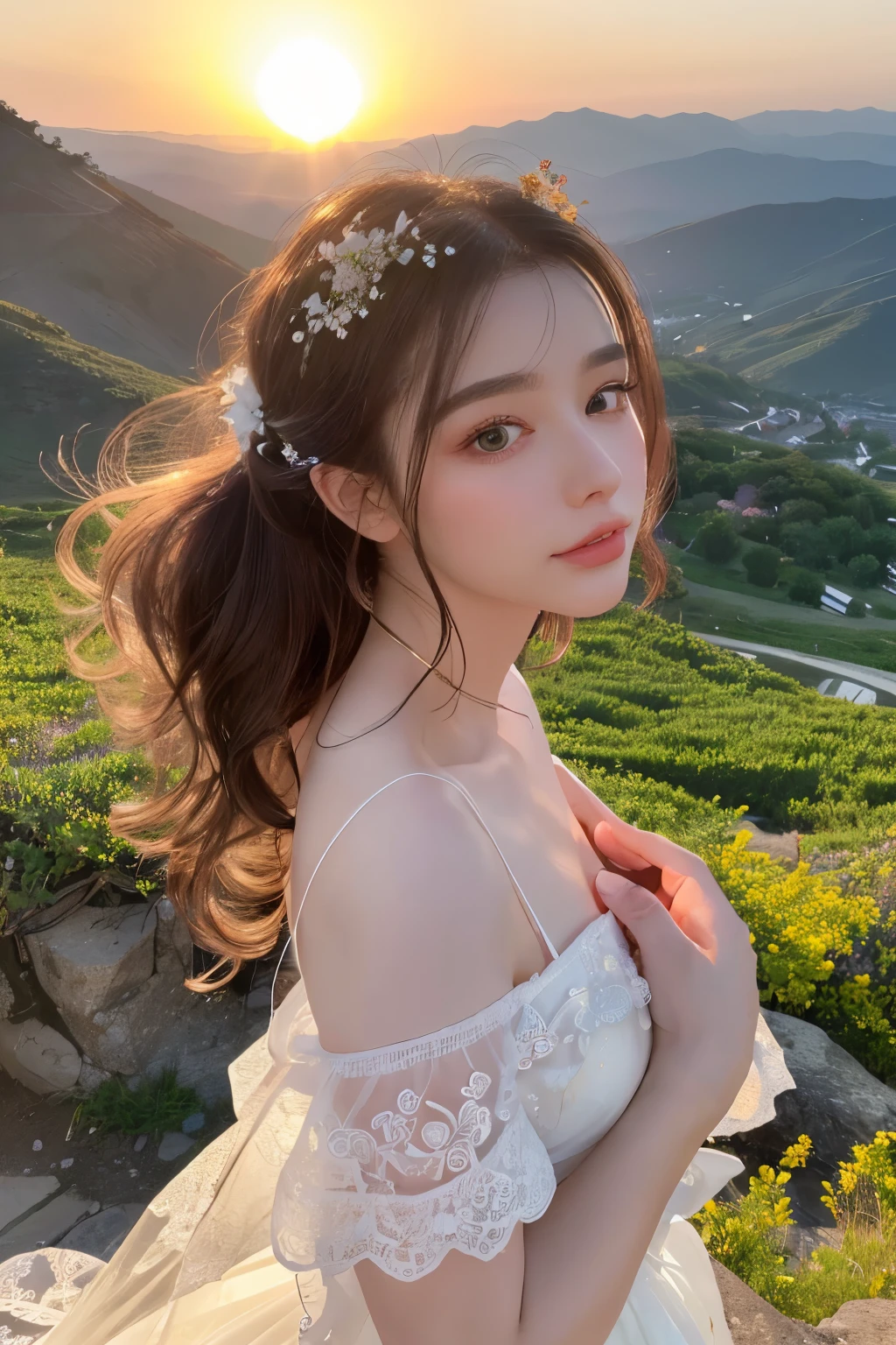 A beautiful woman stood atop a rocky outcropping, Her hair was swept up in loose curls that tumbled down her back, a subtle hint of makeup accentuated her high cheekbones, full lips, and flawless complexion. As she turned to face the camera, a soft smile played at the corners of her mouth, framing her delicate features and piercing blue eyes overlooking a breathtaking valley below. She wore a flowing wedding dress that billowed gently in the breeze ,the lace was delicately embroidered with tiny flowers and vines, while the hem was adorned with sparkling crystals that caught the light and glimmered like stars. In the foreground, a bed of wildflowers added a pop of color to the scene, with vibrant hues of pink, purple, and yellow. Bees buzzed lazily from blossom to blossom, collecting nectar in the golden light of the setting sun. The sun was setting behind the mountains, casting a warm orange glow across the vast landscape.