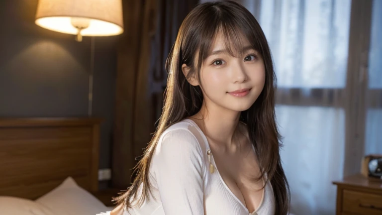 Best-quality, Masterpiece, Ultra-High-Resolution, (Photorealistic:1.4), Raw-Photo, 128K, depth of field, professional lighting, perfect anatomy, extremely details, 1girl, 15-years-old, the most famous Japanese idol, at living room, both hands on hip, ((extremely cute face like the most popular Japanese idol, ((extremely cute and extremely big eyes)), extremely beautiful hair)), extremely beautiful skins, upturned ass, looking at viewer, grinning