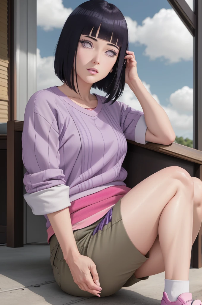 master part, absurdos, Hinata\(Boruto\), 1girl, sozinho,Mature female, Capuz roxo,mangas em camadas, brown pants, ao ar livre, Cloudy sky, perfect composition, circunstanciado lips, peito grande, beautiful face, body propotion, corar, (pink lips), cabelos pretos curtos, lilac eyes, olhar suave, super realistic, circunstanciado, Photo Session, rosto e corpo realistas, Realistic hair, olhos realistas, nariz realista, realistic lips, brown pants, anime, andando sob as petalas de flores, lilac sneakers