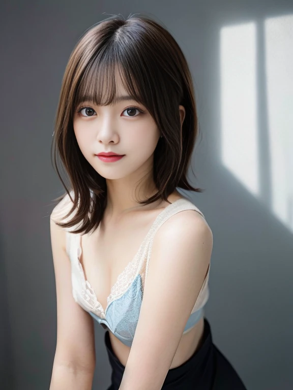 1girl in、real looking skin、(short-hair:1.1)、Very short shorthair、(Photorealsitic:1.1)、Beautuful Women、unrevealing clothes、Beauty Salon、Gray background、Natural look,one person standing、beautiful、beautiful woman、professional lighting、photon mapping、radio city、Physically based rendering、、gradient black hair、、shortcut、short curly hair、girl、highest quality images、High resolution、1080p、(Crisp face)、(Detailed face description)、(Detailed hand description)、(masterpiece）、（exquisite CG）、extreme light and shadow、messy hair、works of masters、Rich details、（detailed facial features）、（highest quality images）、（masterpiece）、（detailed eyes）、Look forward, keeping your collarbone in mind、pale light blue lingerie、small tits、small breast body、slim、下着姿の日本人の19歳のgirl。sheer lace lingerie。in highest quality、Shining beautiful skin、beautifulな眼、small breasts。thin shoulders、small breasts、thin waist、thin butt、Beautiful thighs、thin thighs。small ass。small waist。thin butt、thin waist、Underwear that bites into、professional writing、fingers naturally、messy hair、sexy pose、Stick your butt out and there is a gap between your legs。whole body。thin legs、thin legs。barefoot、show the inside of the thighs、spread legs。