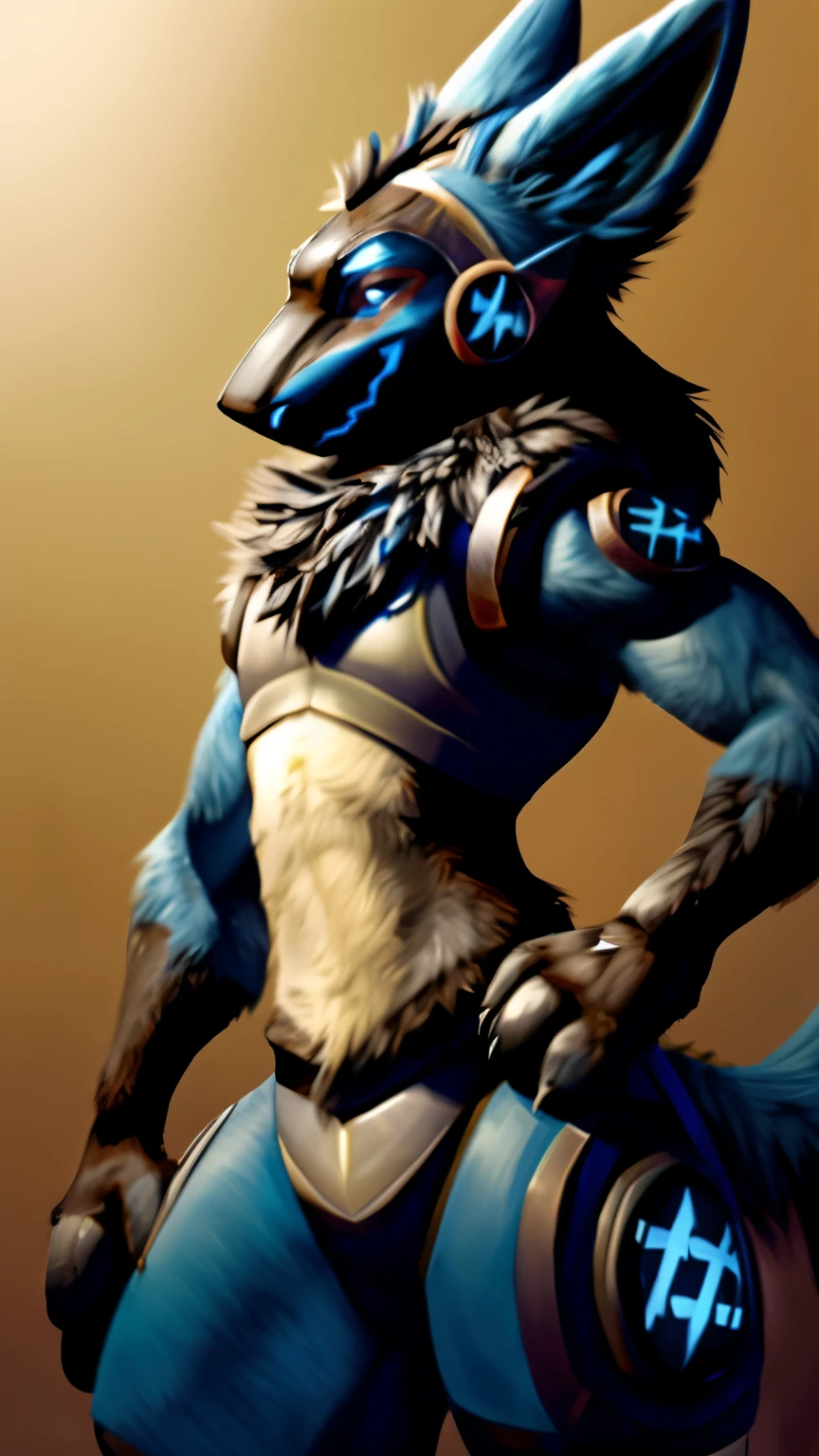 best quality, masterpiece work, high quality, Lucario (Pokemon), Male Lucario, (((Lucario's Fur))), ((Lucario's appearance)), protogen, Lucario × Protogen, strike a pose