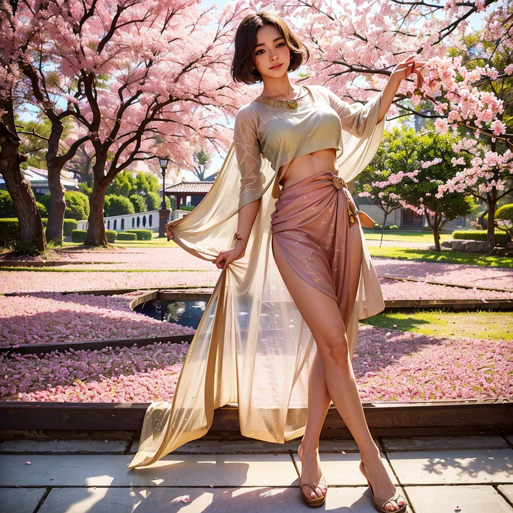 (best quality,4k,8k,highres,masterpiece:1.2),ultra-detailed,(realistic,photorealistic,photo-realistic:1.37),Emma Watson in Indian Pink Saree,cute smile,shyness,extremely detailed face and eyes,beautiful detailed lips,soft and smooth light,detailed hands with long slim fingers,detailed costume with intricate patterns,full body view,traditional Indian garden as the background,vibrant colors,HDR lighting,peaceful ambiance,traditional art style,graceful poses,glimmering sakura petals in the air
