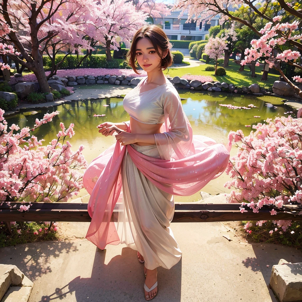 (best quality,4k,8k,highres,masterpiece:1.2),ultra-detailed,(realistic,photorealistic,photo-realistic:1.37),Emma Watson in Indian Pink Saree,cute smile,shyness,extremely detailed face and eyes,beautiful detailed lips,soft and smooth light,detailed hands with long slim fingers,detailed costume with intricate patterns,full body view,traditional Indian garden as the background,vibrant colors,HDR lighting,peaceful ambiance,traditional art style,graceful poses,glimmering sakura petals in the air