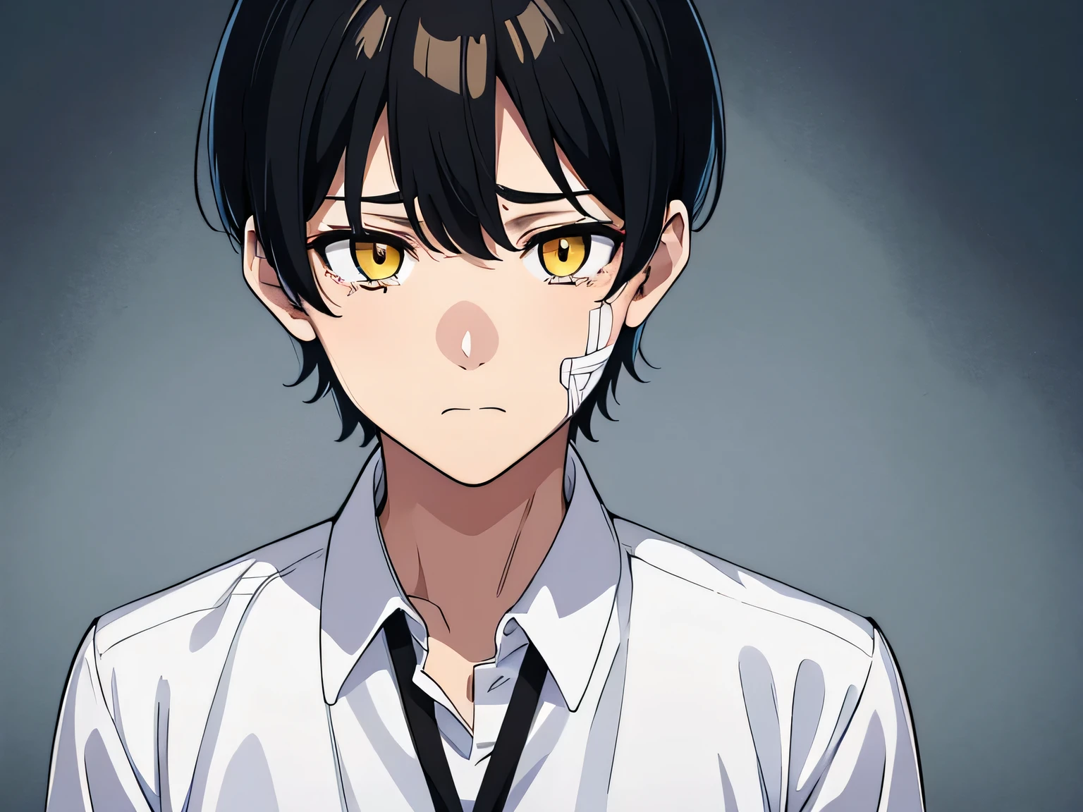 image of a boy with bandages on his face, he has wounds on face, yellow eyes, black hair, smooth hair, short hair, crying, wearing white school shirt, half body illustration, sad expression, loser, weakling