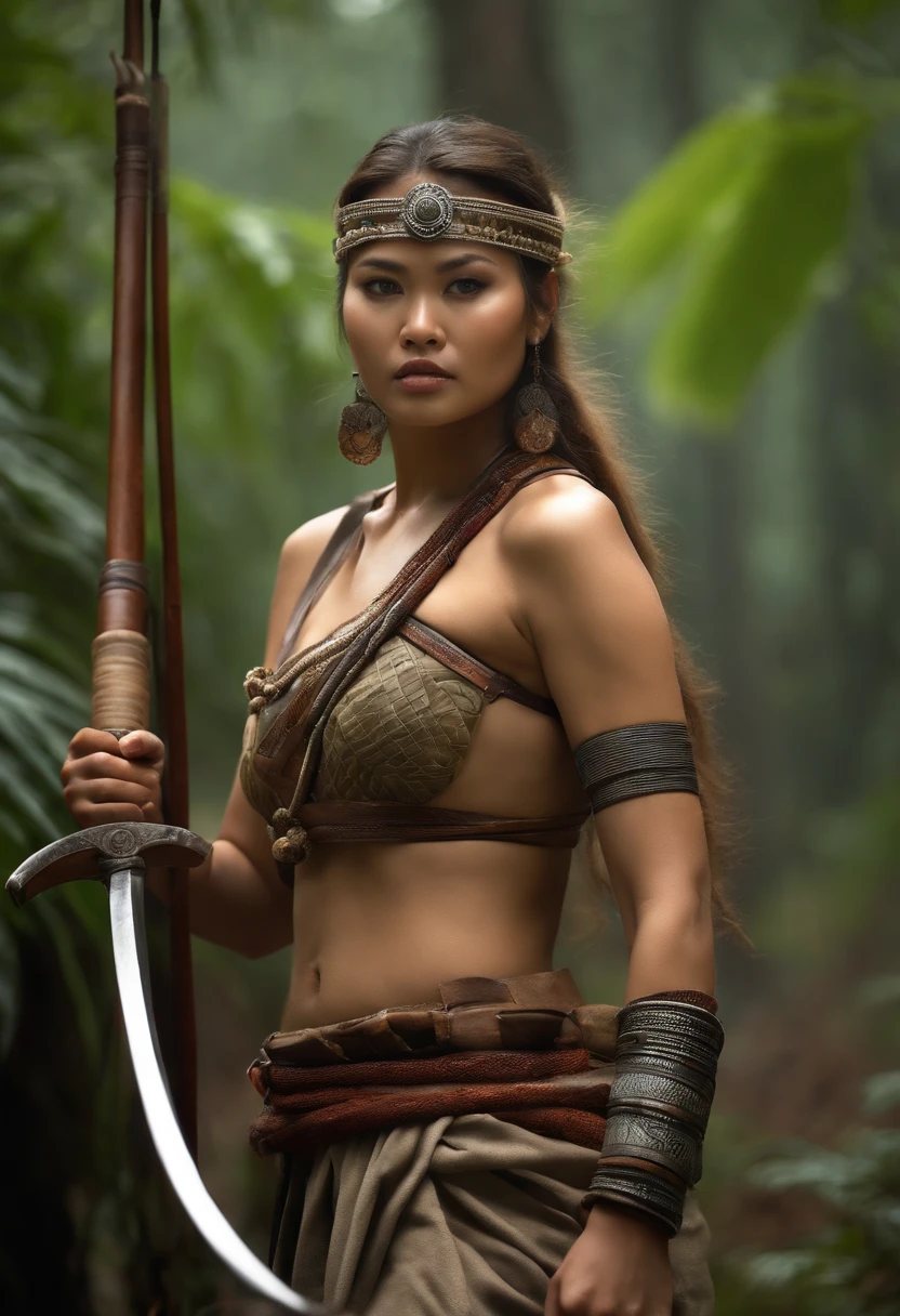 Hyper realistic photos of beautiful women from inland Asian tribes. carry traditional weapons. perfectly proportional body. Inland tribes clothes. big white wolf. battle background in a tropical forest with very heavy rain and very dramatic white smoke effects. hyperrealistic, cinematic, photorealistic, ultra HD, detailed and complicated. full HD 8K. fighting pose.