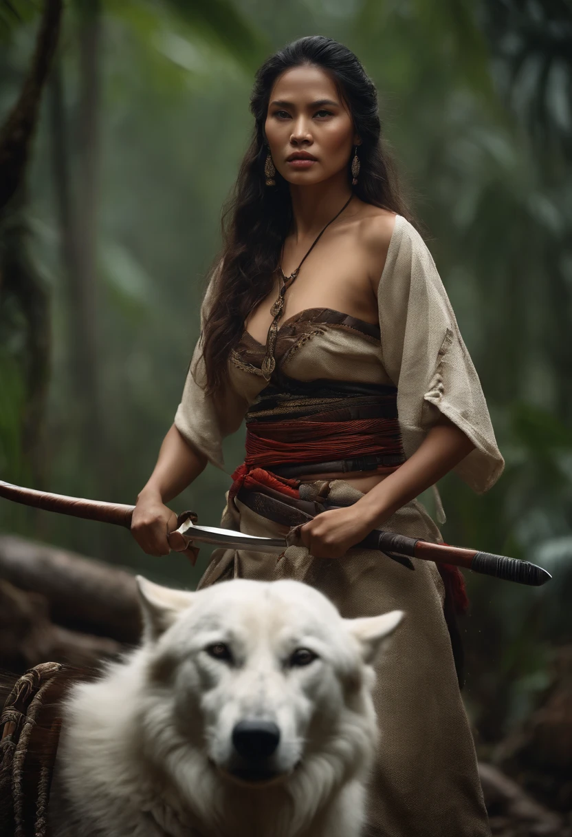 Hyper realistic photos of beautiful women from inland Asian tribes. carry traditional weapons. perfectly proportional body. Inland tribes clothes. big white wolf. battle background in a tropical forest with very heavy rain and very dramatic white smoke effects. hyperrealistic, cinematic, photorealistic, ultra HD, detailed and complicated. full HD 8K. fighting pose.