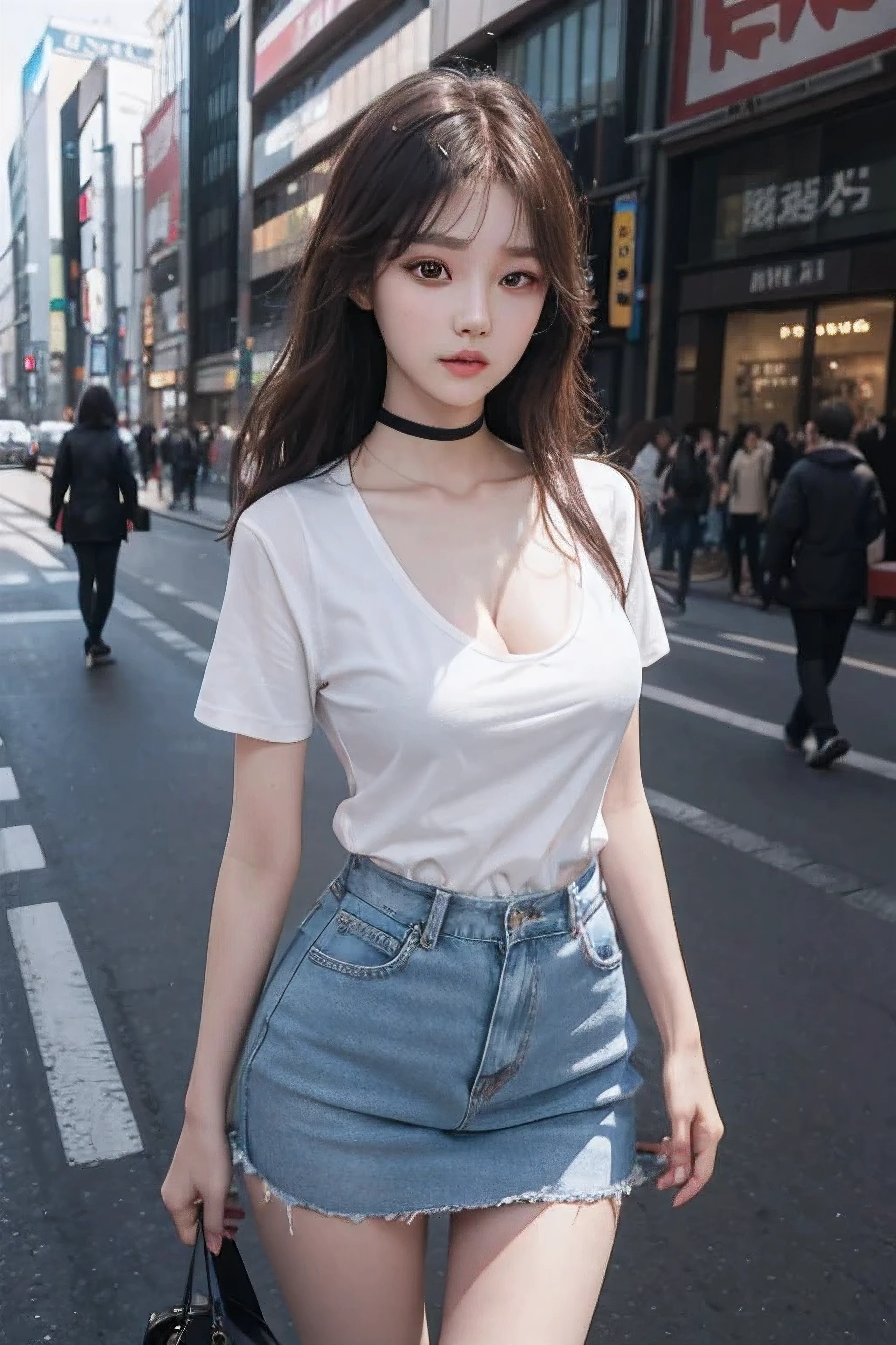 Best Quality Detail:1.2, realisitic, 8K UHD, hight resolution, 1girl in:1.2, The ultra-detailliert, High quality textures, intricate detailes, detaileds, Very detailed CG, High quality shadows, Detail Beautiful delicate face, Detail Beautiful delicate eyes, depth of fields, Ray traching, in her 20s, Pretty Kpop Girl, Korean Urzan Face:1.1, Slender face, ulzzang -6500-v1.1:0.6, pureerosface_v1, gloweyes, teak, Glossy lips, perfectbody, a choker、cleavage of the breast、 Brown hair、poneyTail:1.1, Street, Particle, look at viewr, Photorealsitic:1.4, ultra-detailliert, photos realistic, 4K 8K UHD Full Color RAW Photos, Fuji Film(Medium format:1.2), Hasselblad:1.2, Carl zeiss:1.1, Incredible dynamic range photography(UTIL_Art by Smoose-768:1.1), hight resolution, High pixel count, clear details, crisp image, Natural color reproduction, Noise Reduction, High fidelity, qulity, Software Improvements, Upscaling, Optimized algorithms, Pro-level retouching、((Shibuya, tokyo prefecture))、On the way to shopping、((Fashionable clothes with a very high design))、graphic t-shirt: Art and Logos、Graphic T-shirts printed with anime characters are trending.、Used for unique styling