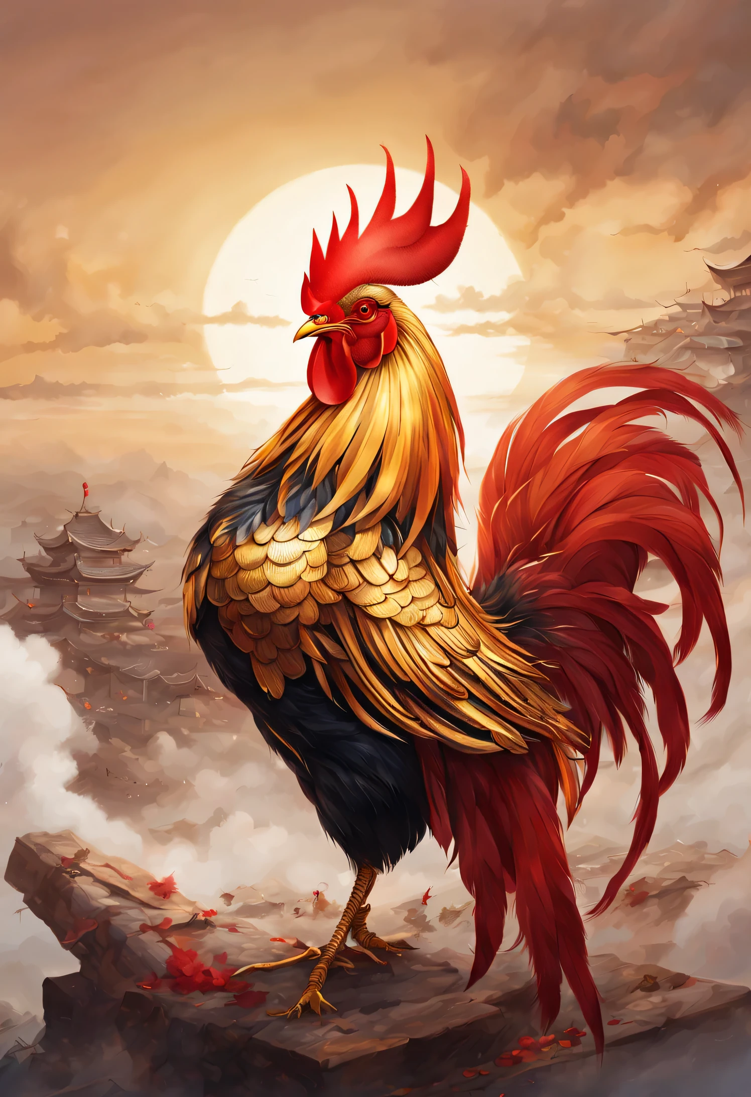 Rooster under the sky of destruction,Japanese traditional concept art ,Chinese mythology,(Anthropomorphic rooster),ruby comb,red and blonde hair,golden feather tail