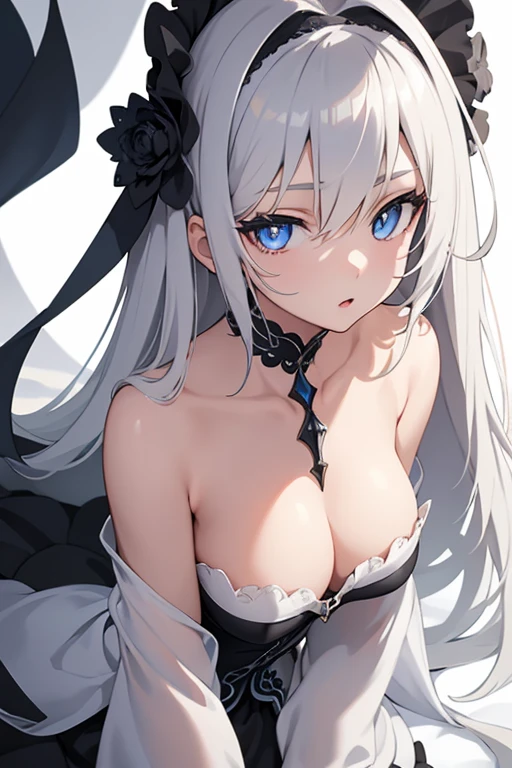 1girl, anime, cute girl, blank background, white background, fantasy, detailed dark fantasy dress with highlights, beautiful face, beautiful eyes, dark colors, silver hair, slightly small breasts, slight cleavage, beautiful skin, cute, breast curtains, extremely delicate and beautiful, (beautiful detailed face:1.0), (detailed deep eyes), symmetrical breasts, deep eyes, shiny skin, portrait, slender waist, hips wider than shoulders, thighs, young girl, expressionless, luminous eyes
