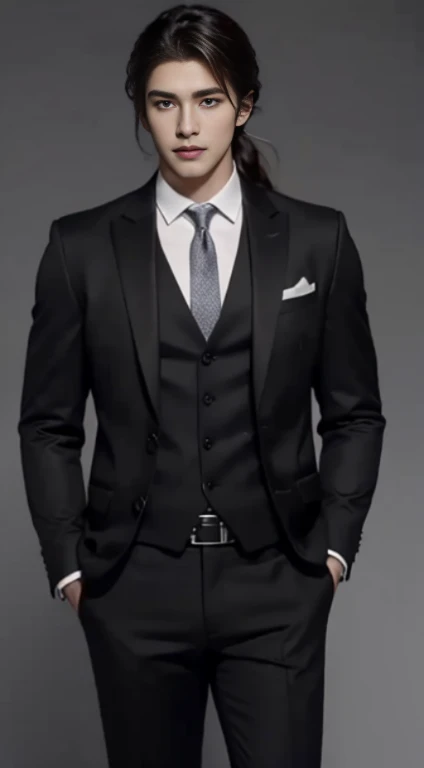 ((high quality)), ((masterpiece)), 8k, a man，26 years old，Handsome，Deep and charming face，Perfect body，wolf tail braid，golden ratio，Wear a casual suit，wear a watch，Handsome，Cold，Noble，Handsome，，Big handsome guy