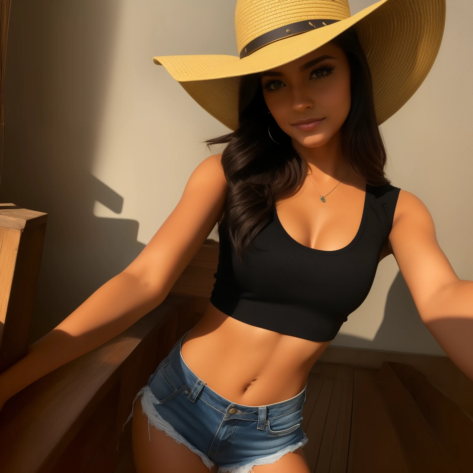 1 mulher ((selfie do corpo, feliz)), 4k, obra-prima, melhor qualidade, ultradetalhada, solo, ao ar livre, (noite), balada, Dancing, alegre, feliz, luzes, drink, blusa curta, cabelo preto, abdomen definido, sexy, mini shorts, Country Hat, sombras, contraste, analogue style , (matiz quente, tom quente): 1.2), close-up, cinematiclight, side-lighting, Ultra high resolution, melhor sombra, RAW, botas country.