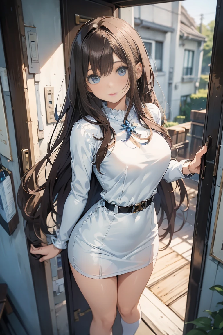 masterpiece++, best quality++, ultra-detailed+, extremely detailed++, 4K, 8K+, best quality, beautiful+, anime style,1person,full body image,room,girly white mimi onepiece dress,leather belt,tight,large breast, slim, slender straight brown hair,beautiful blue eyes, beautiful eyes++,long straight hair
