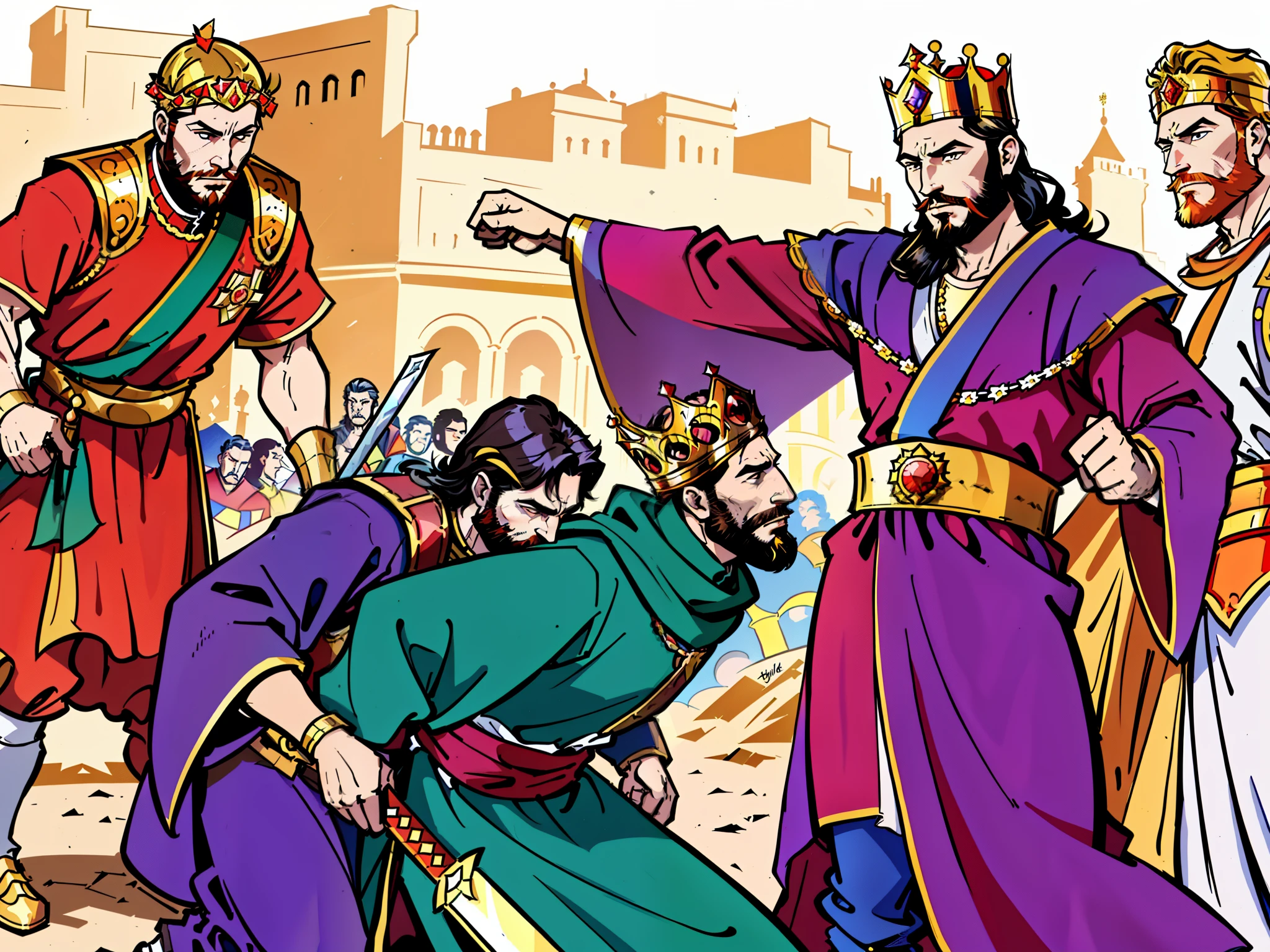 a cartoon depiction of a group of men in colorful clothing, bible illustration, celebrating a king being crowned, royal family during an argument, granting him a noble title, many crowns!! upon his head, the king of thieves, the fall of constantinople, activity with fight on swords, king of kings, full color illustration, dramatic illustration