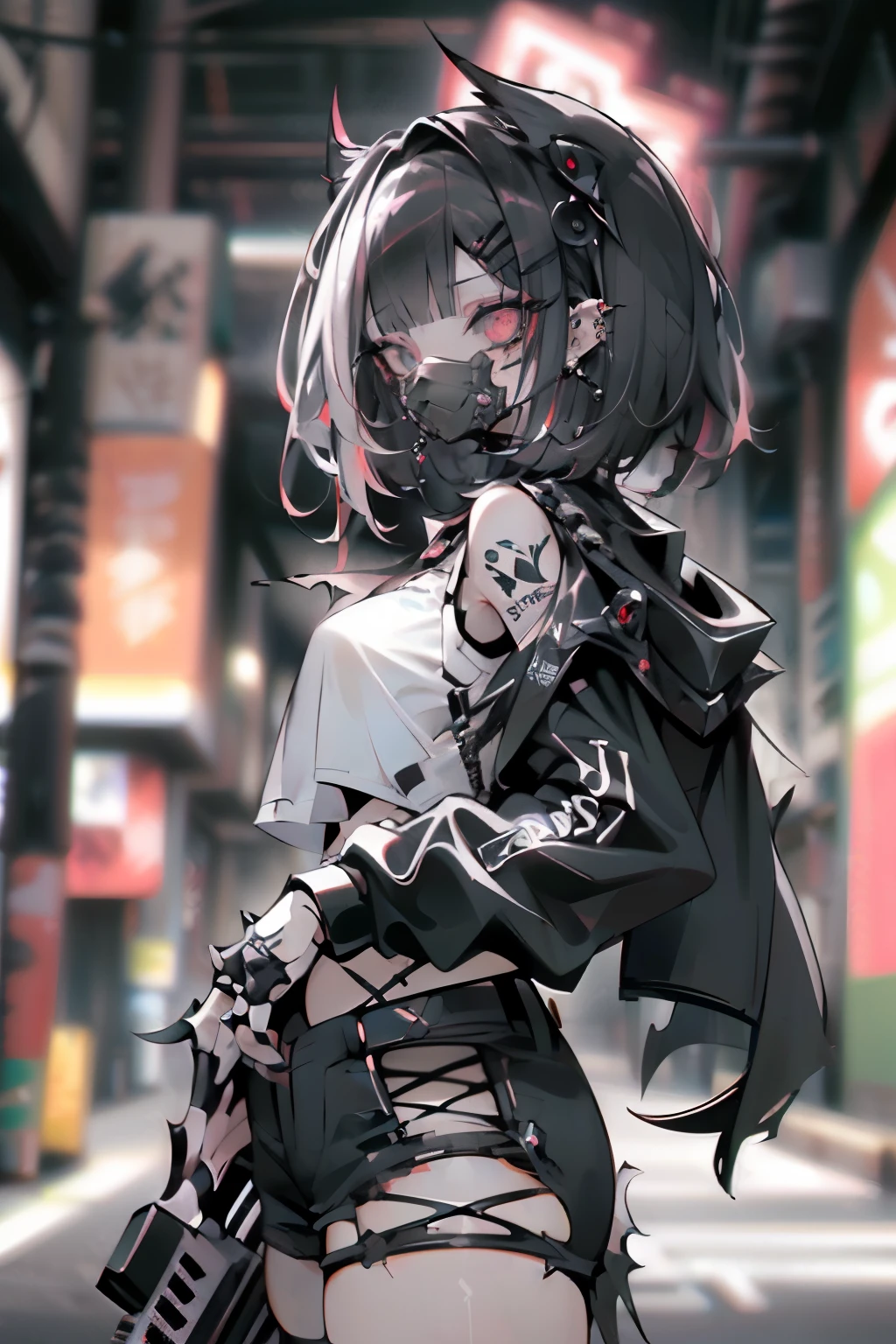 straight fadecut haired, Punk Girl, Without mohawk sleeves, The tattoo, head phone, 🎧, goth_punk, 1girl in, solo, medium shot, Walking in Harajuku, ((during night)), bokeh dof, Neon light, Iridescent eyes, gray eyes, red glowing hair, Black eyebrows, Radiant hair, (iridescent red hair), lots of earrings, labret, facial piercings, bangs, jewelry, masks, blunt bangs, Mouth mask, blurry background, blurry, hair adornments, Look at viewers, short hair, portraitures, side look, goth, (masterpiece), (Portrait), (Aesthetic), (Beautiful), (upper body), (High quality), (aesthetic clothings), (professional angle), (thirds rule), (Feminine), (Woman), (Female), (Beautiful), (Feminine features), (25-years old), Solo, 1 woman, (Charming punk girl), Dramatic light, ((Playing guitar)), (Standing), Edgy makeup, (huge breasts), (Front face), (Defiant expression), ((defiance)), (Leather jackets and tattoos), ((Short hair)), (dyed (E.G. and pinks) hair), (spiky hair), (Thick hair), matte Shine Hair, (Hair bands scattered in the hair), (gray eyes), (Bold and bold look), (pale skin), (Dark clothes), (Band T-shirt), (Ripped jeans), (-), crew neckline), ((Urban alley background)), (up close shot), Beautiful hands, Two hands, normal hands, Two arms, complete hands, Beautiful body, Beautiful fingers, normal fingers, Five Fingers, Five Fingers, (Thumb index finger ring finger), Beautiful ears, normal ears, Beautiful eyes, shiny eyes, Beautiful mouth, Beautiful lips, tatoos, black gloves,
